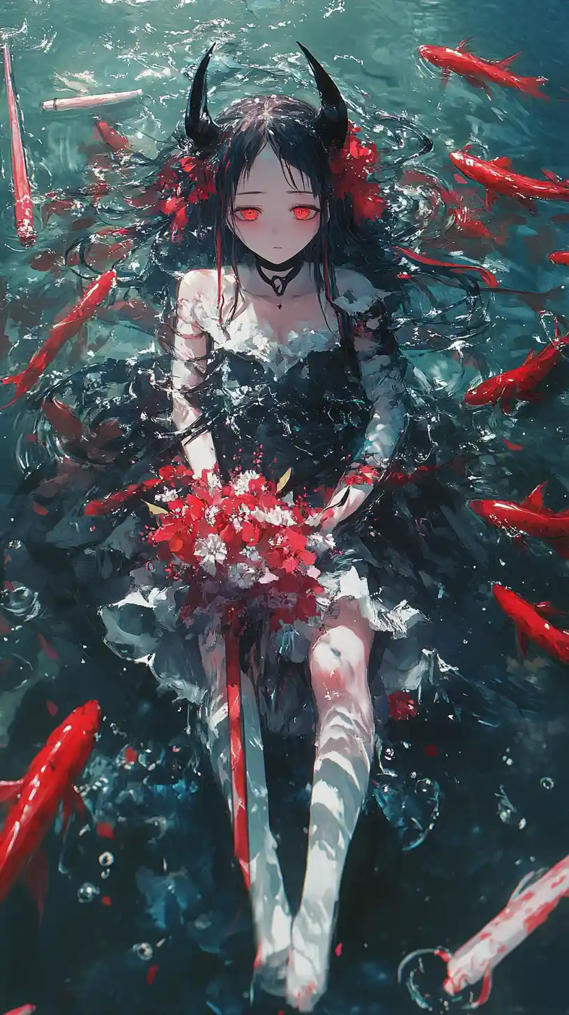 Sad anime girl walking through a sword filled field