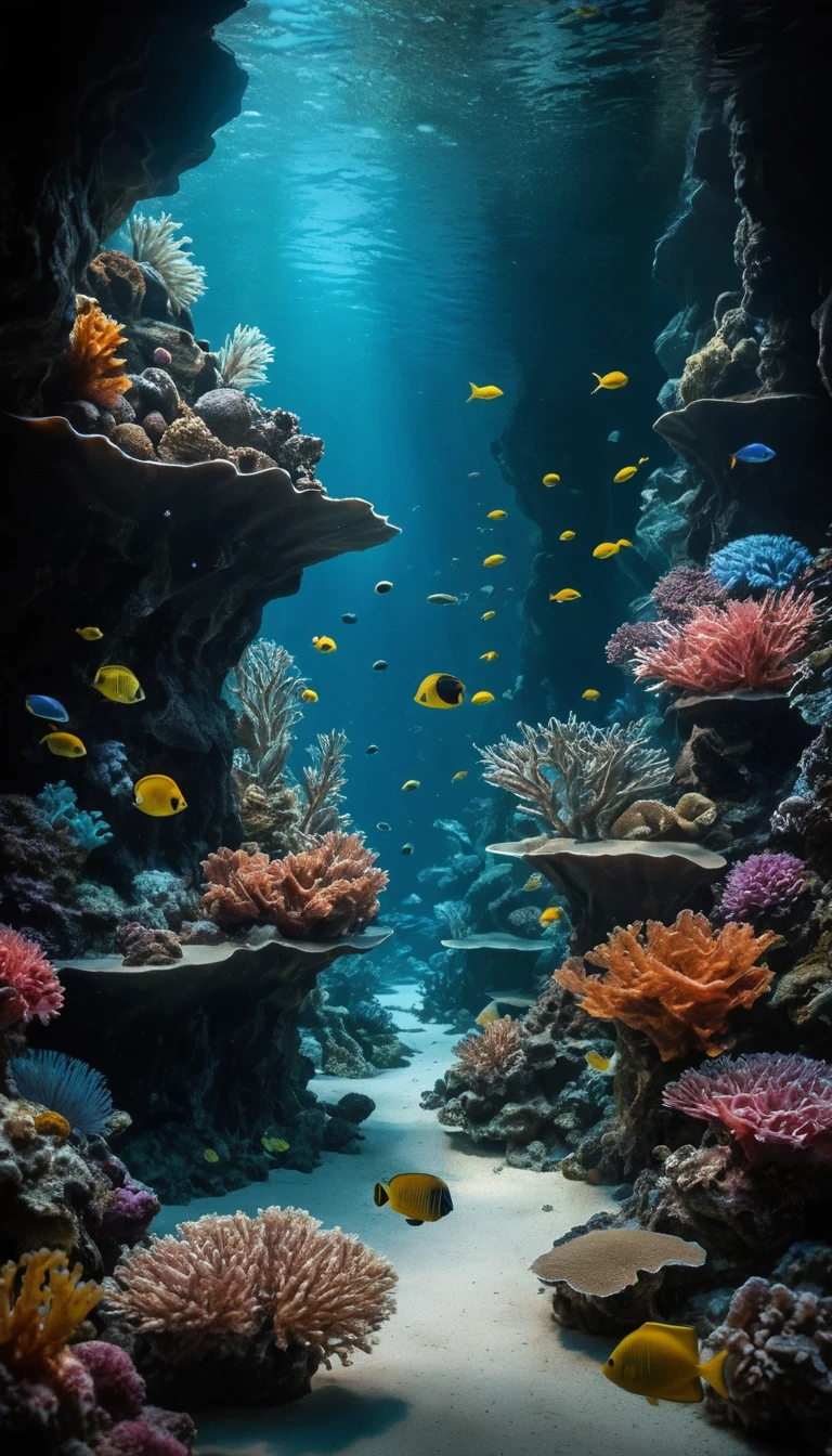 Bioluminescent coral reef with schools of exotic fish