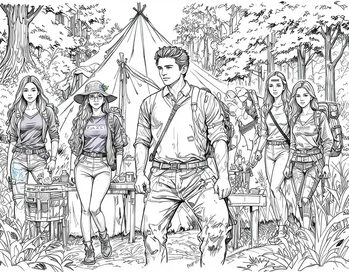 Group of young campers standing together in sunny woods