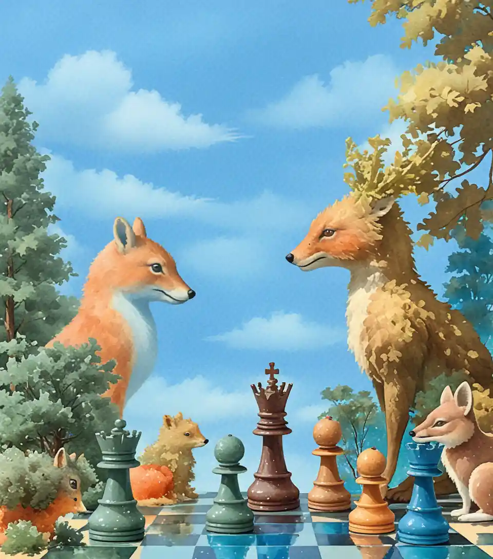 Surreal close up chess game with cute forest animals