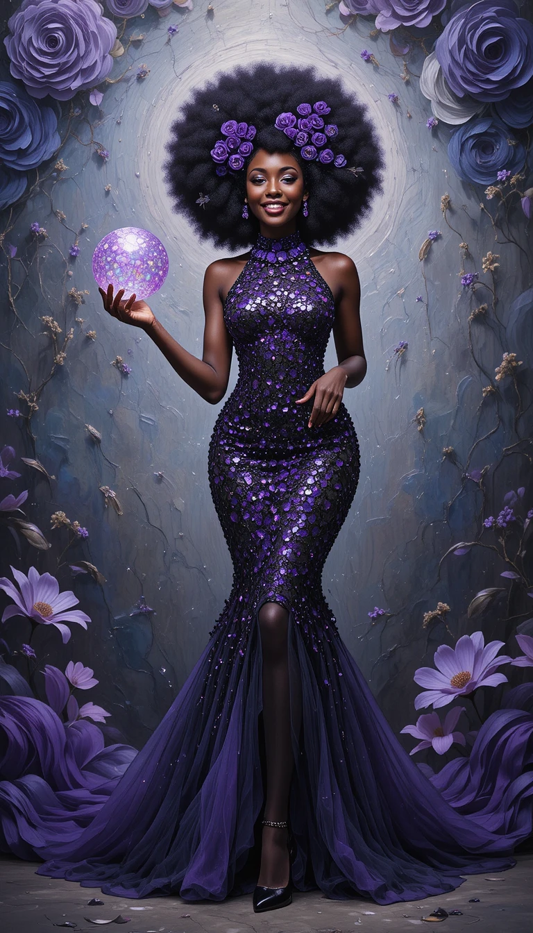 Elegant black woman in violet sequin cocktail dress posing