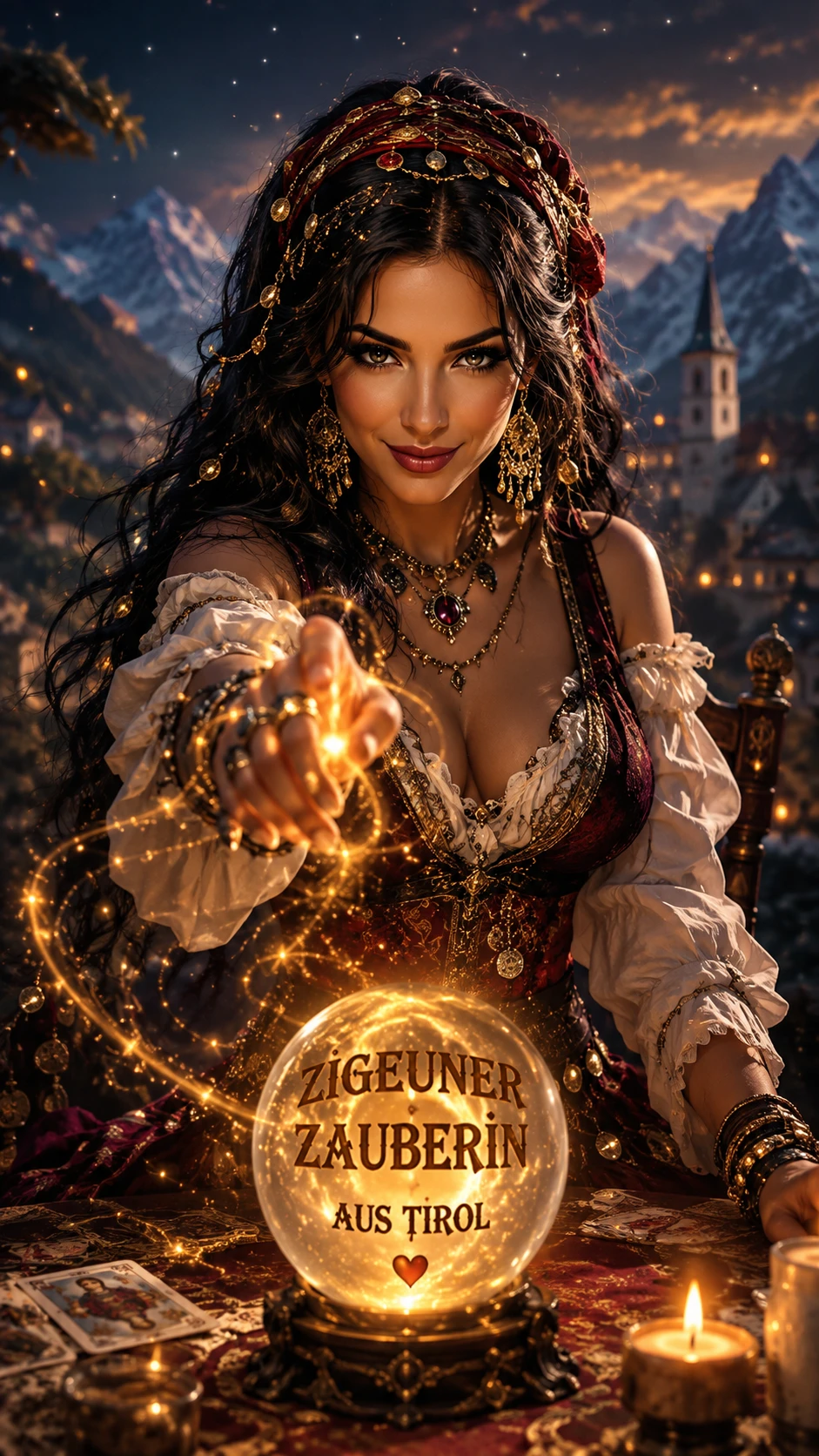 Mystical gypsy sorceress standing with enchanting magical presence