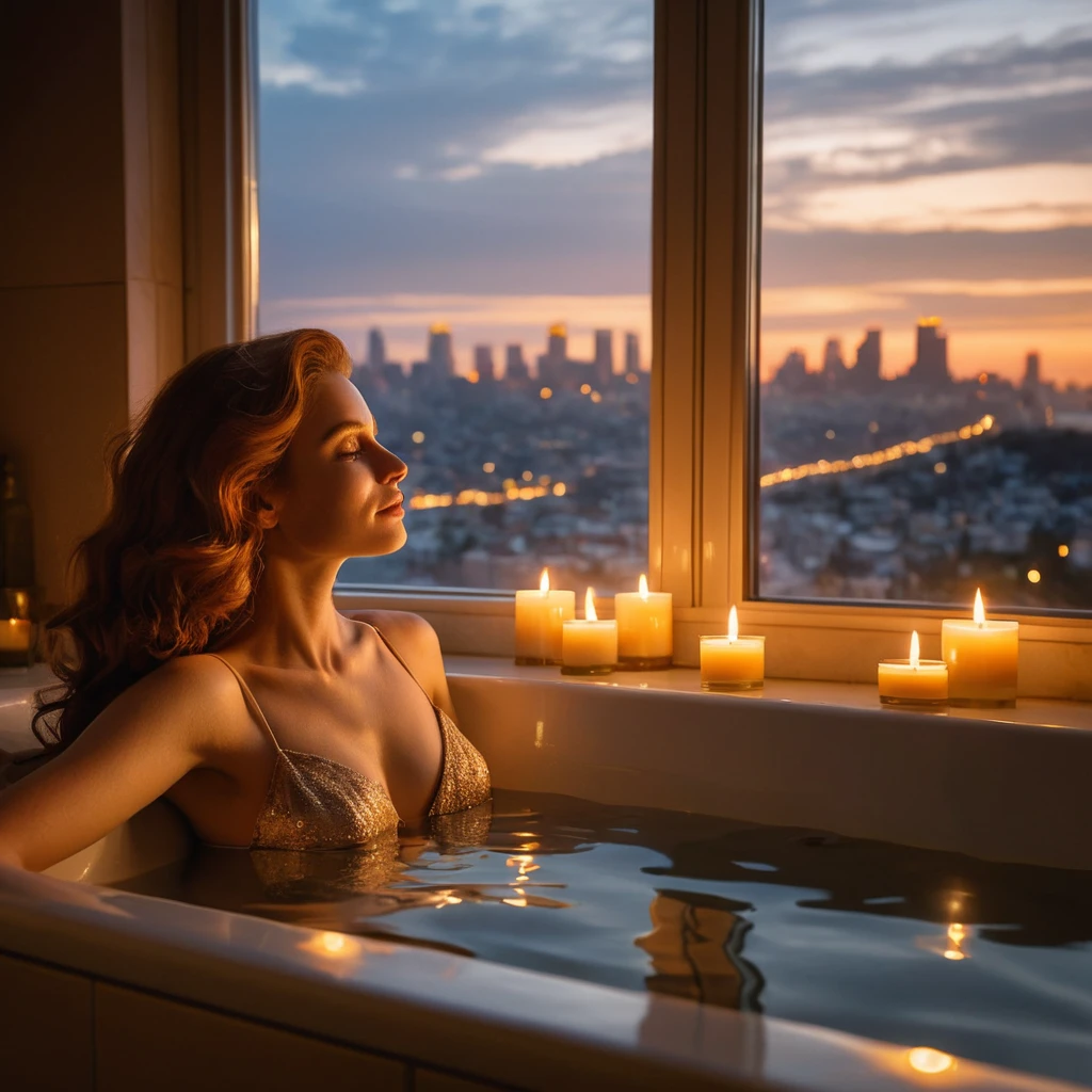 Red haired woman relaxing in a candlelit jacuzzi