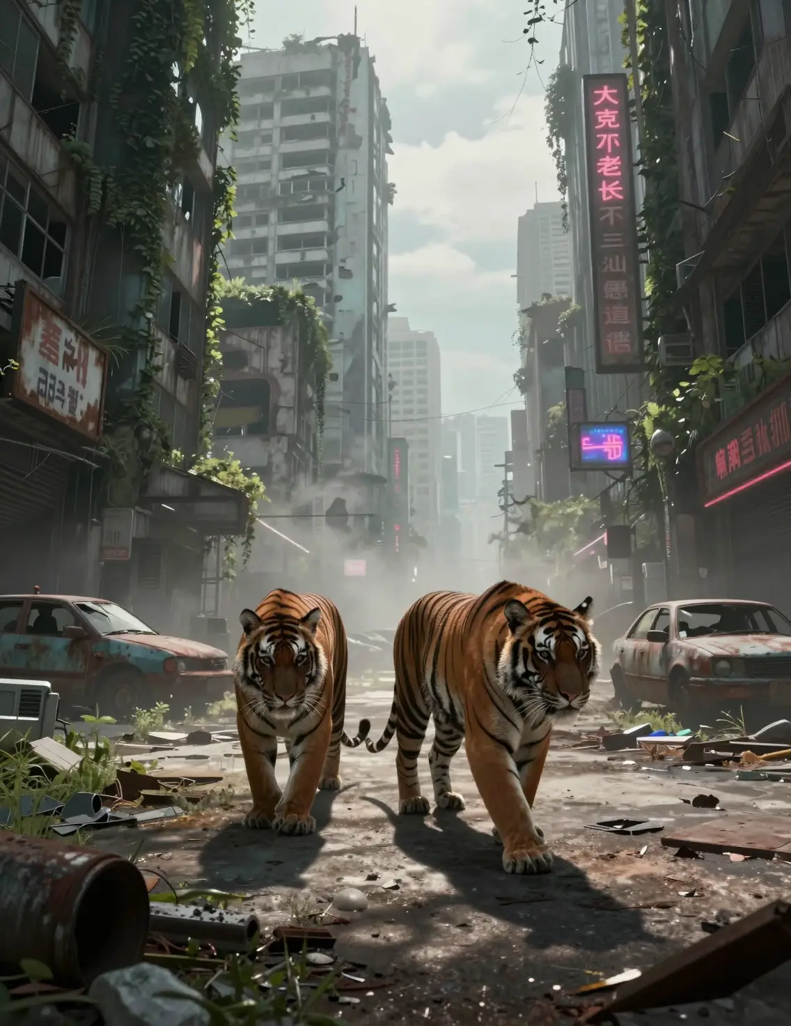 Two Bengal tigers in a deserted futuristic Asian megacity