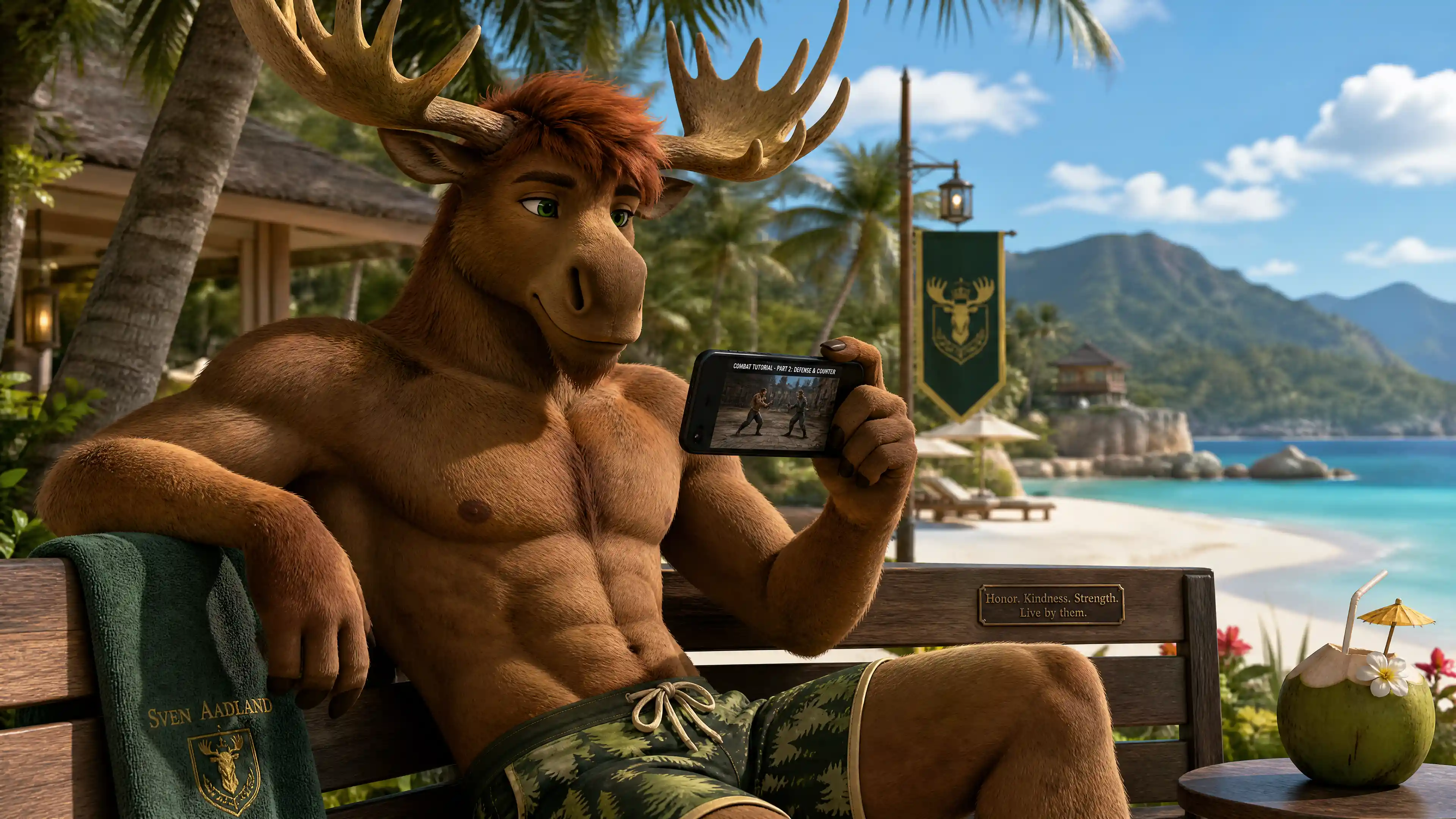 Anthro moose relaxing on a bench at a luxury beach