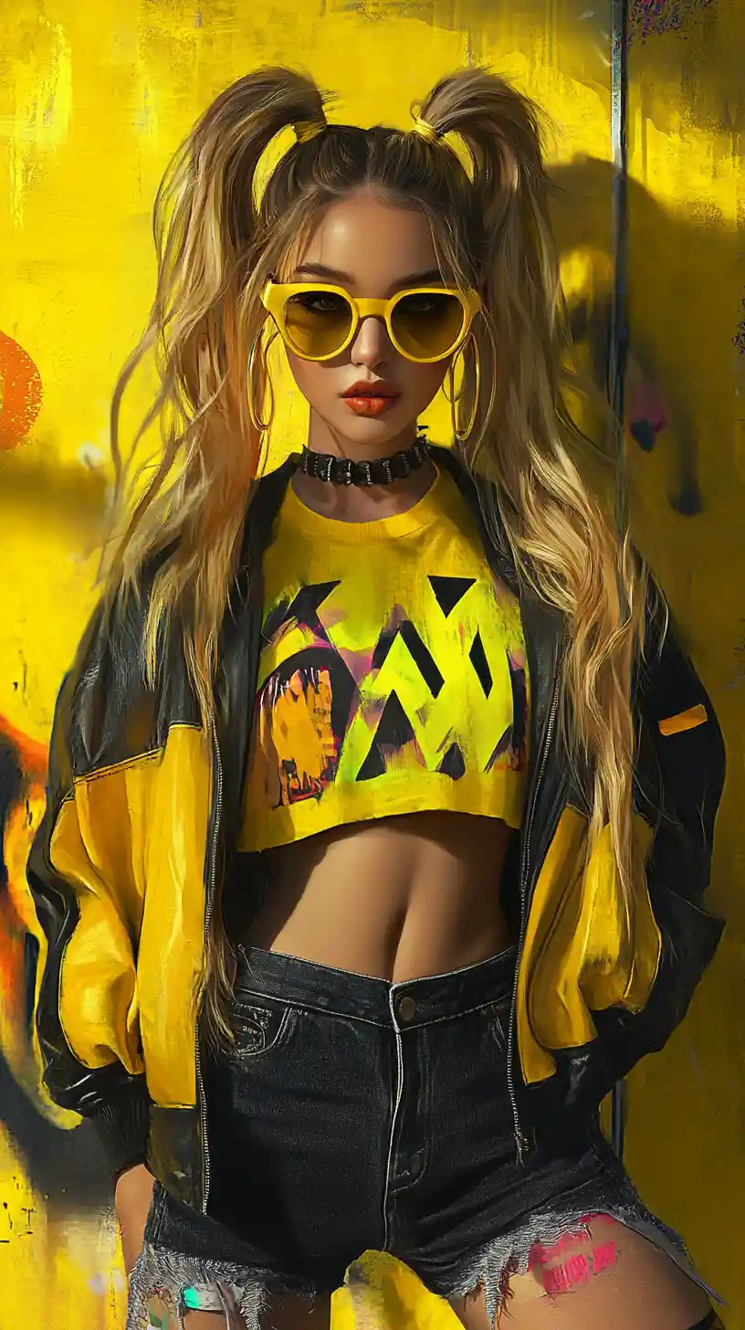Donna stilosa in moda neon graffiti davanti a una parete gialla