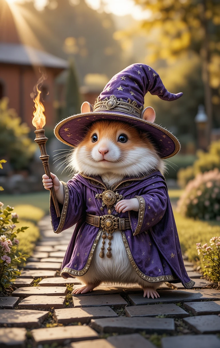Cute wizard hamster on a cobblestone garden path