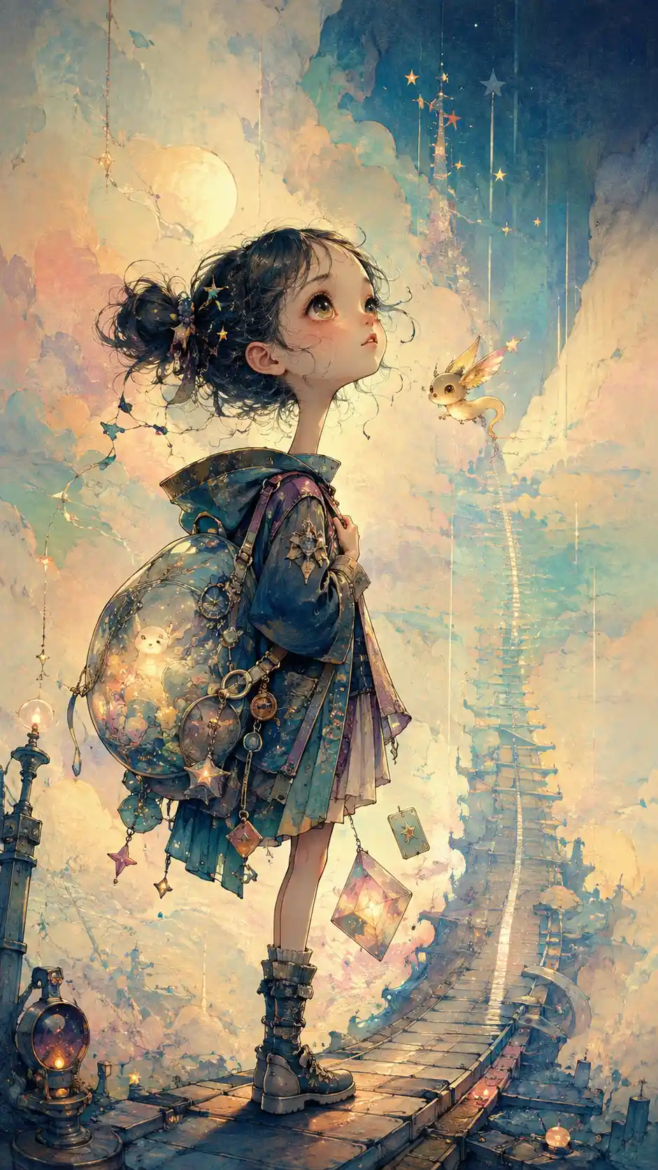 Young girl in a surreal dreamscape beginning her journey