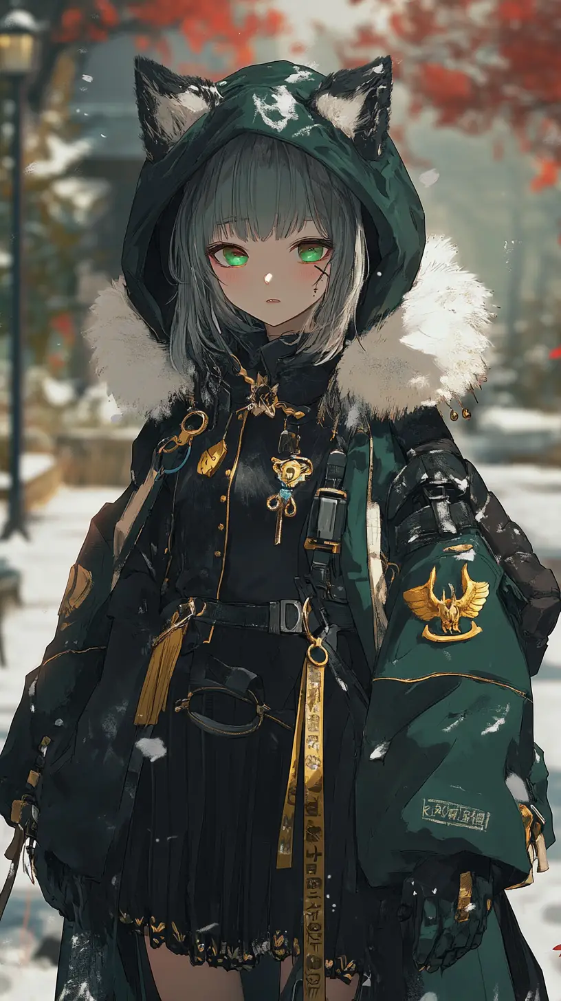 雪の村を歩く冬服のアニメ少女