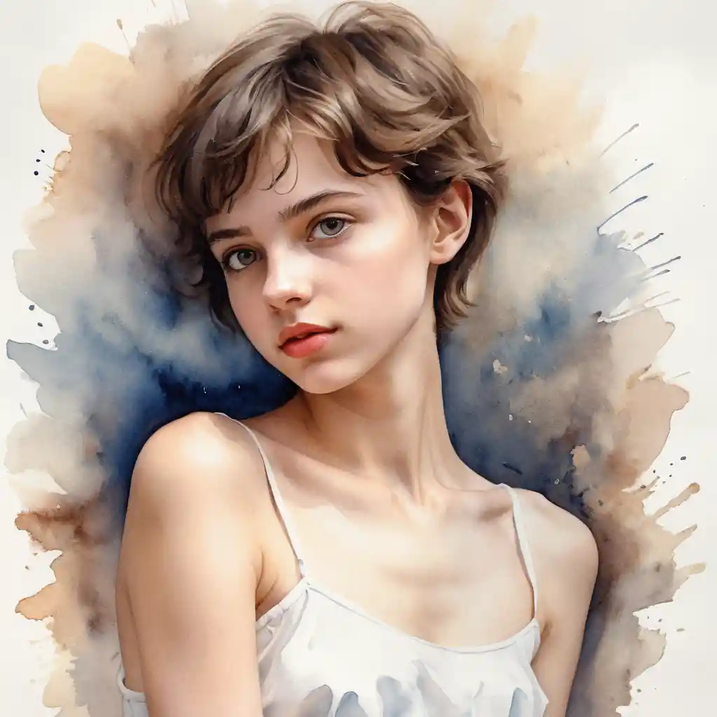 Dreamy watercolor portrait of a slender teenage girl