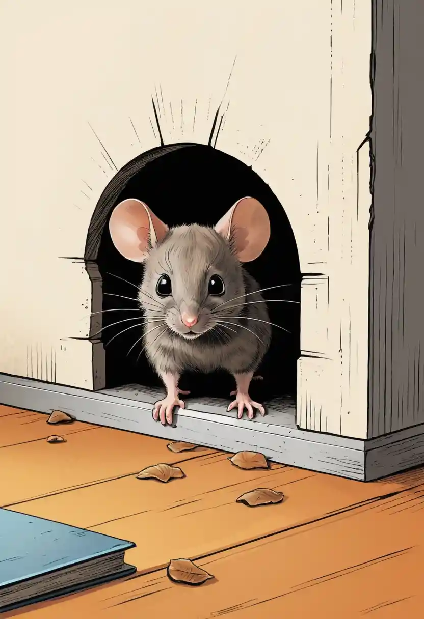 Cute mouse peeking from wall hole with lurking comic cat
