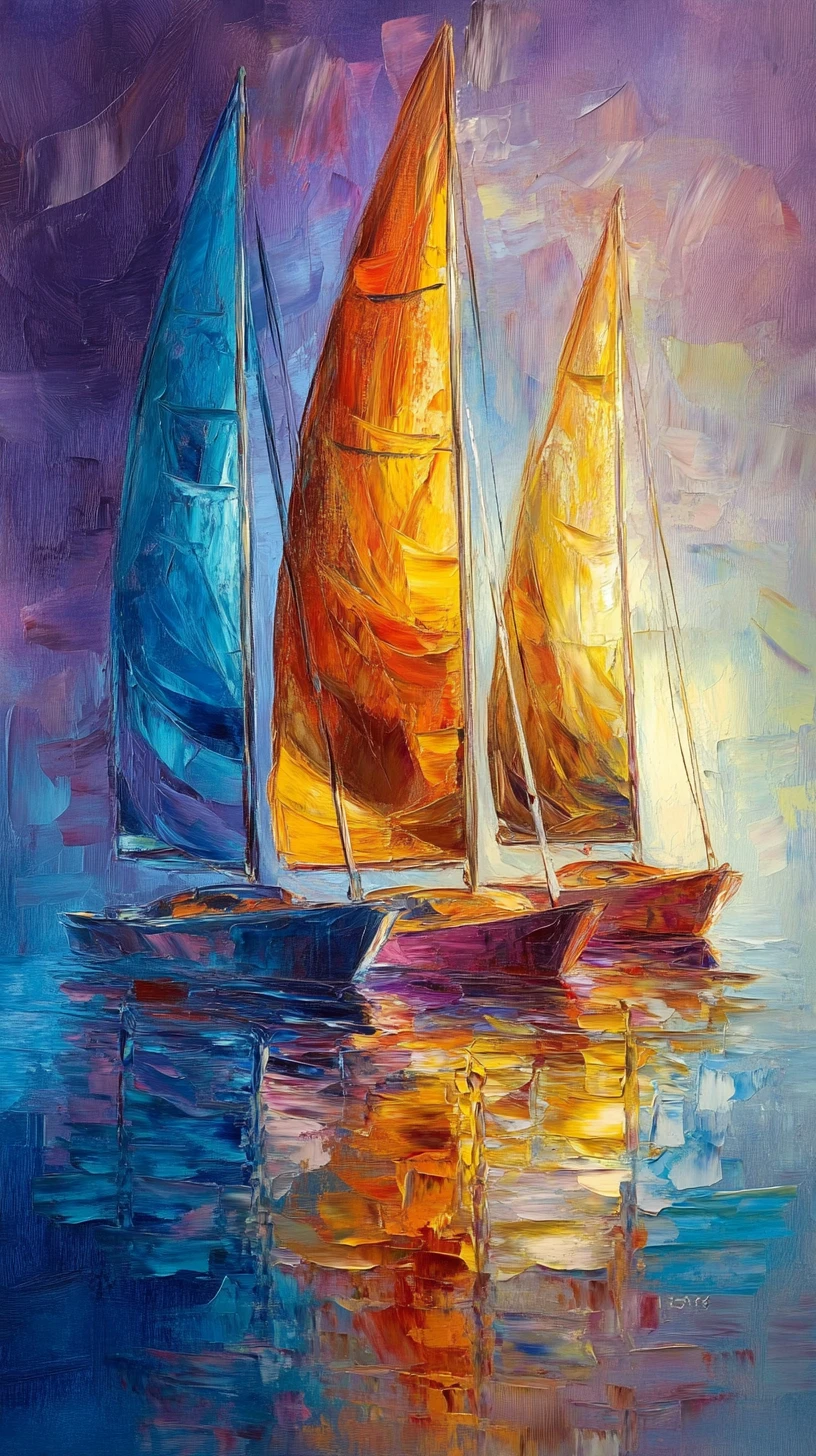 Impressionist Sailboats With Colorful Reflections On Water