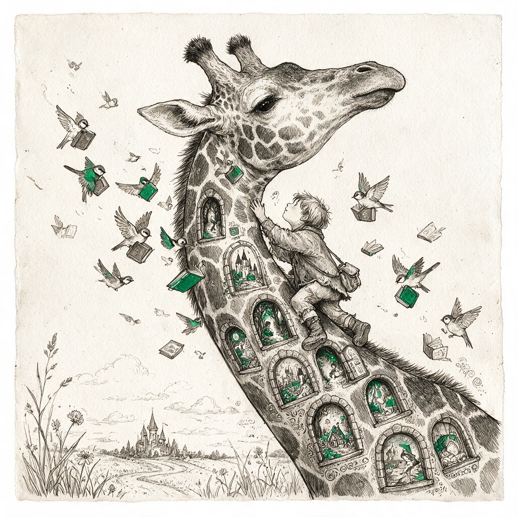 Child climbing a towering giraffe in whimsical ink illustration
