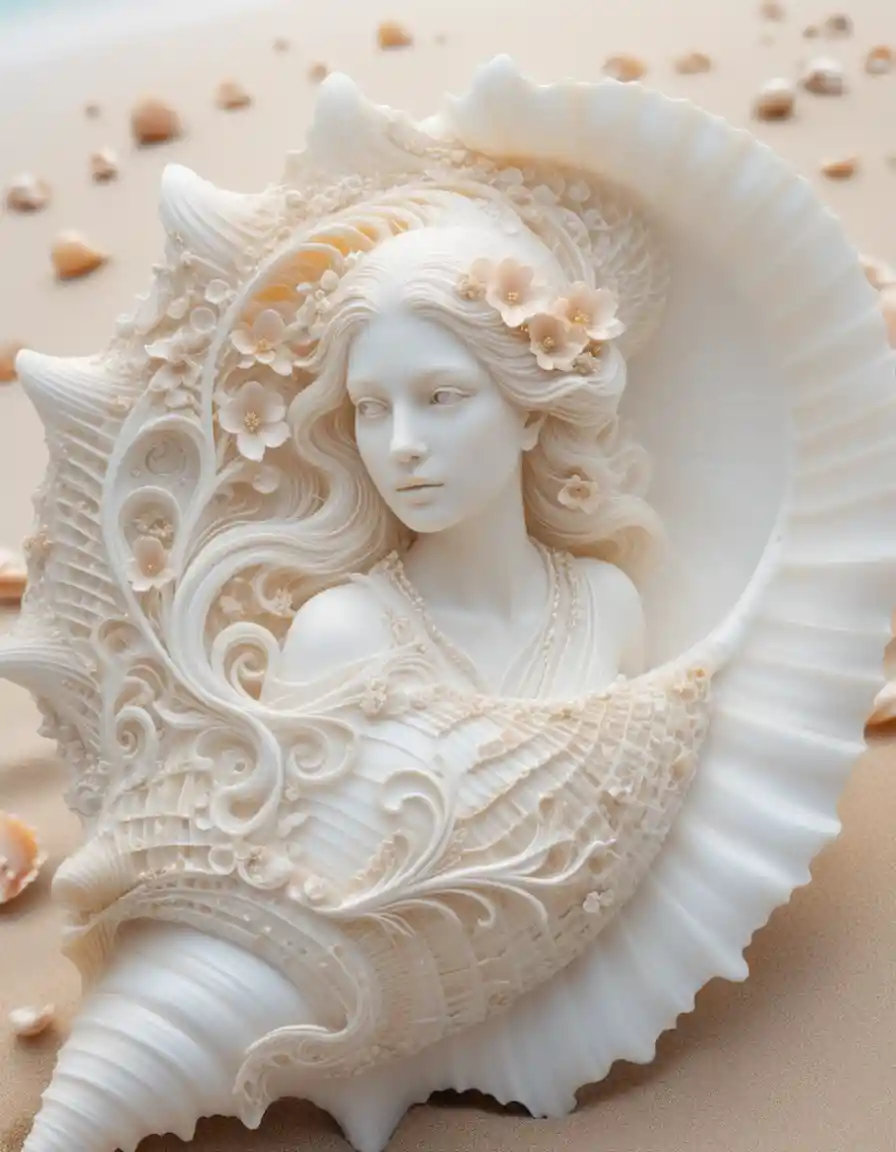 Art Nouveau woman carved into giant nautilus shell
