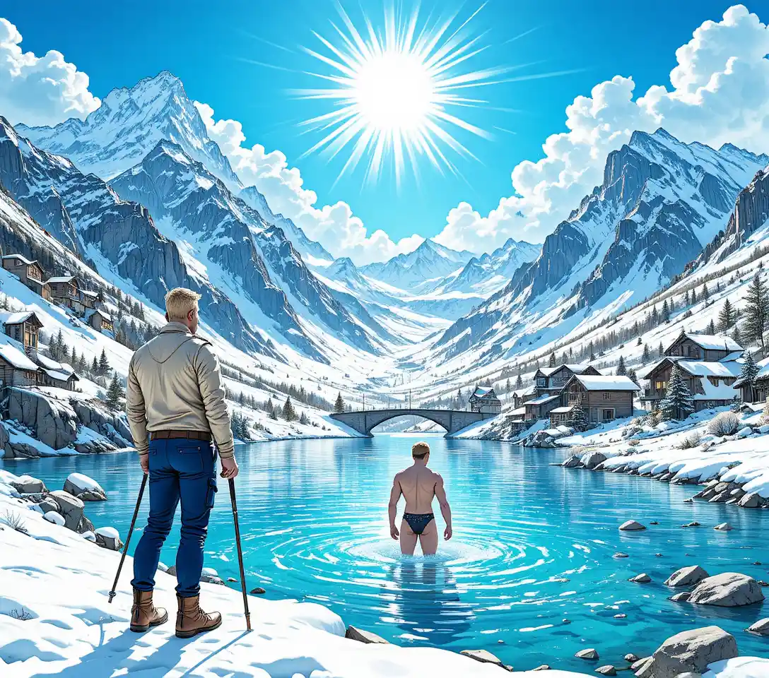 Frau im Bikini an verschneitem Bergsee unter strahlender Sonne