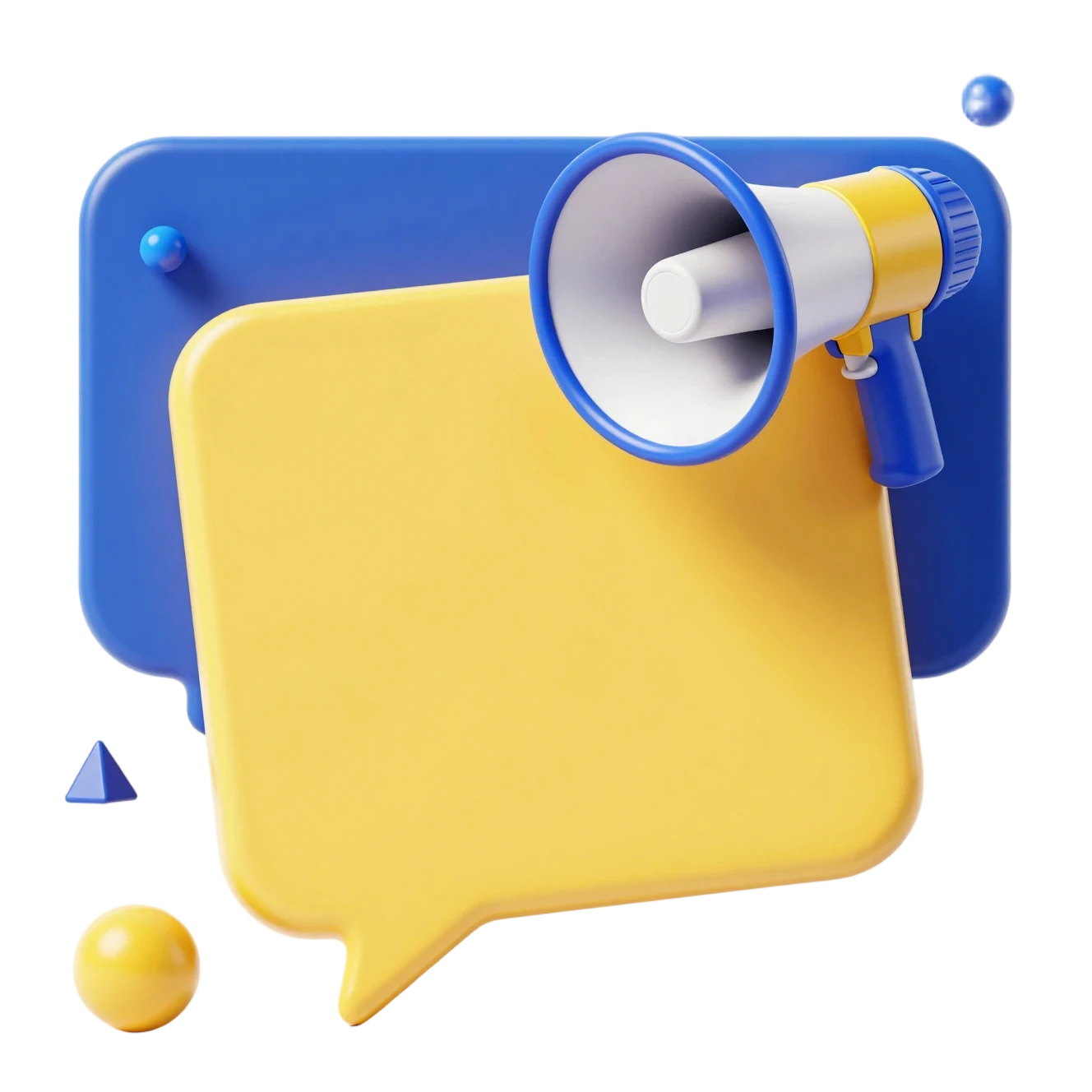 3D yellow speech bubble with blue megaphone on white background