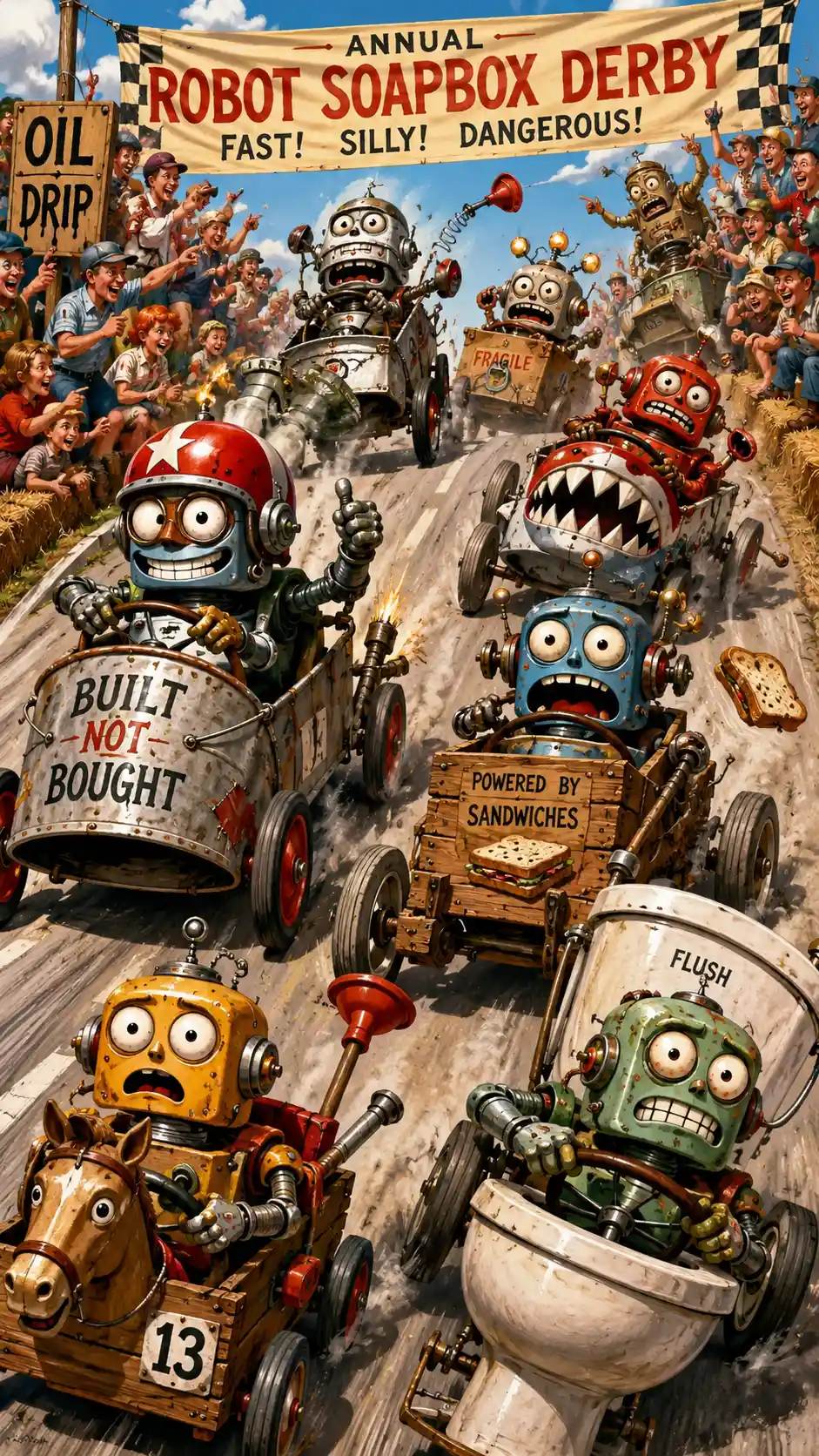 Cute robot soapbox cars racing in chaotic cartoon style