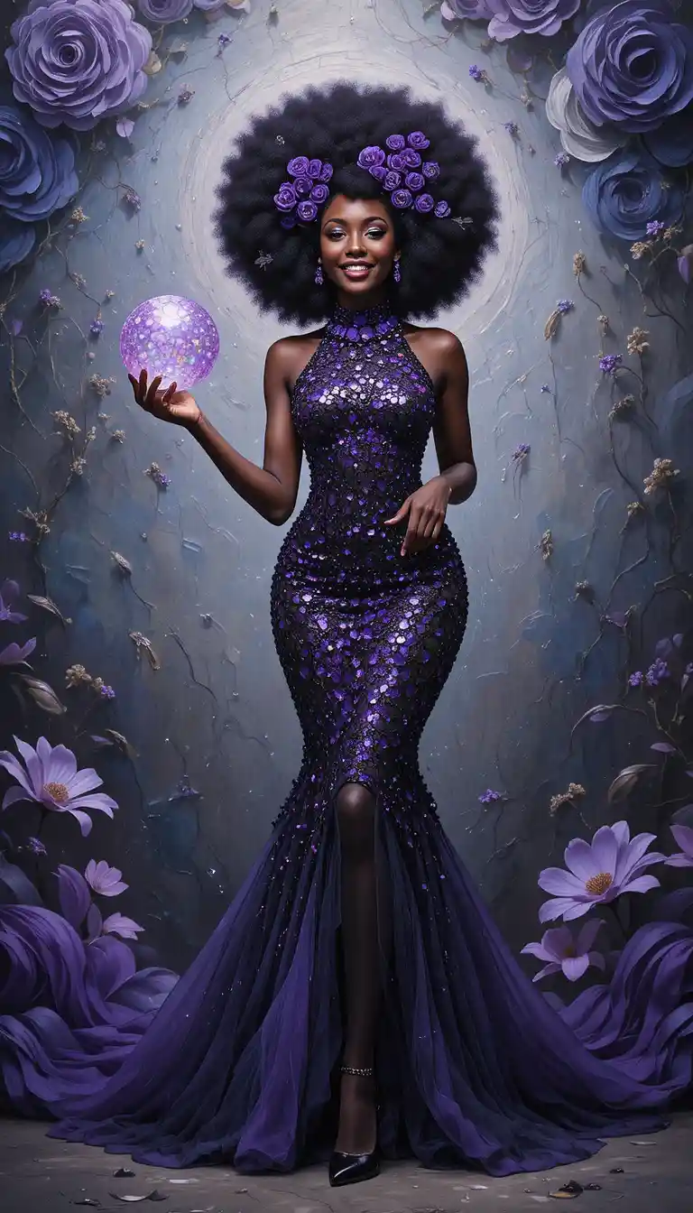 Elegant black woman in violet sequin cocktail dress posing