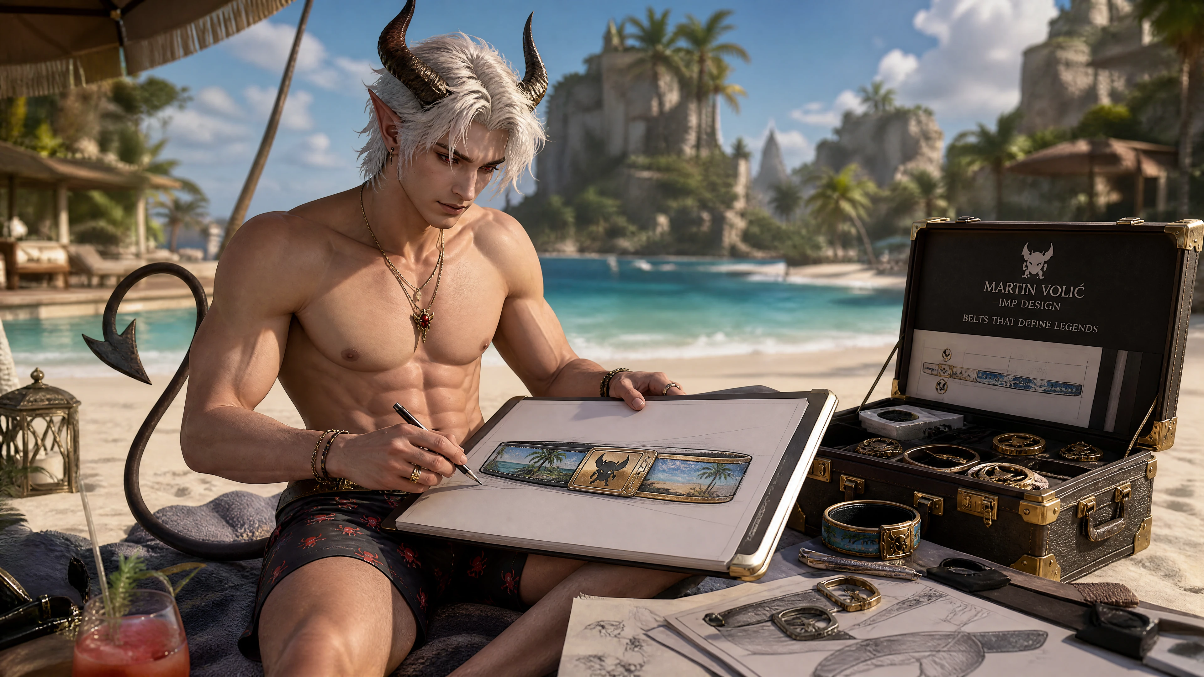 Horned fantasy man designing a belt on sunny beach
