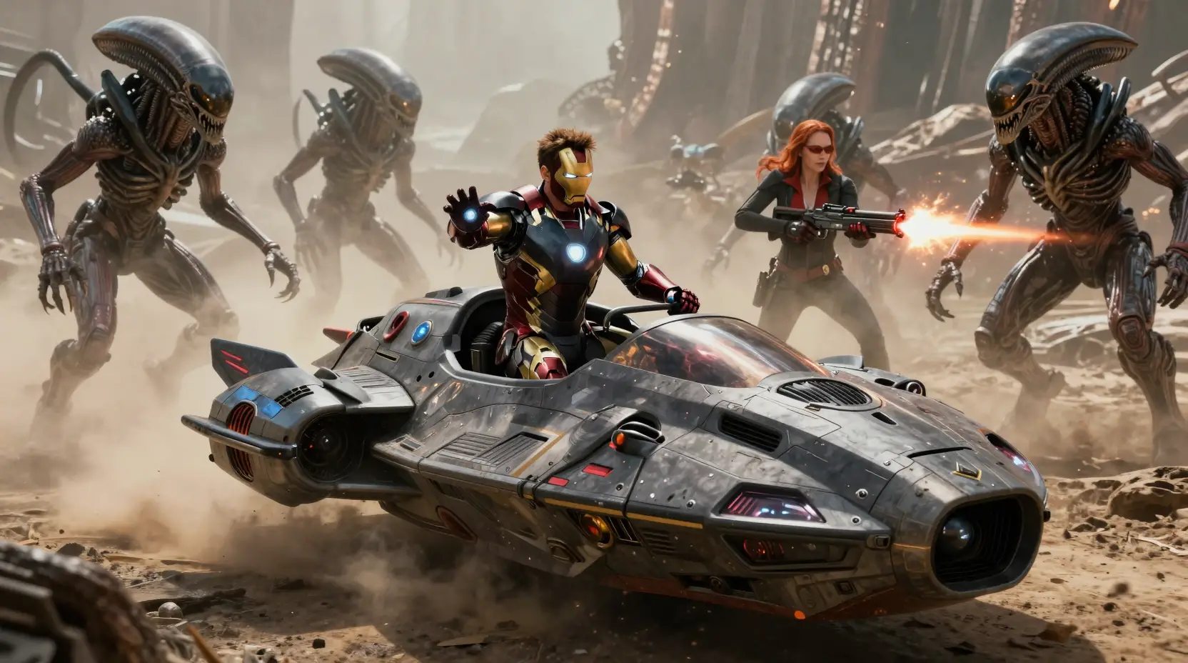 Cinematic spaceship chase across a hostile alien planet