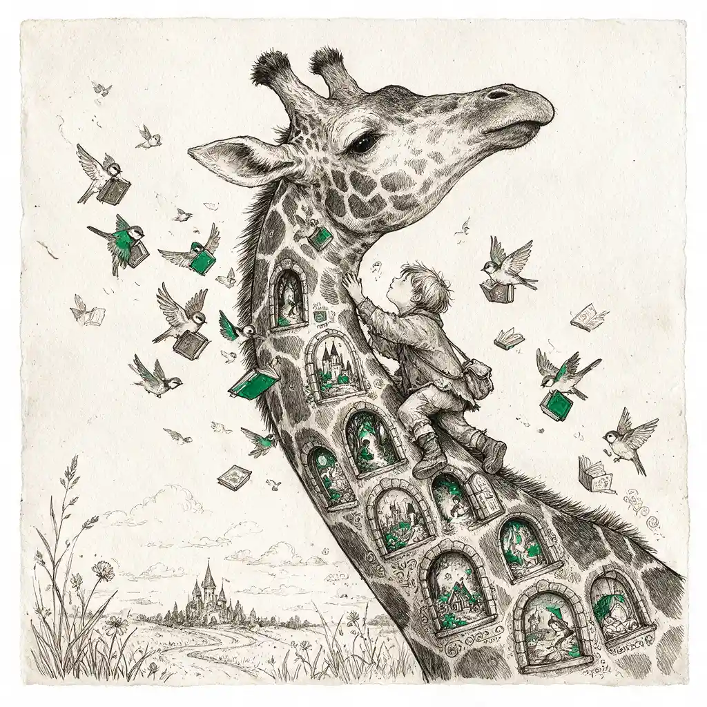 Kind klettert auf eine riesige Giraffe in einer verspielten Tintenillustration