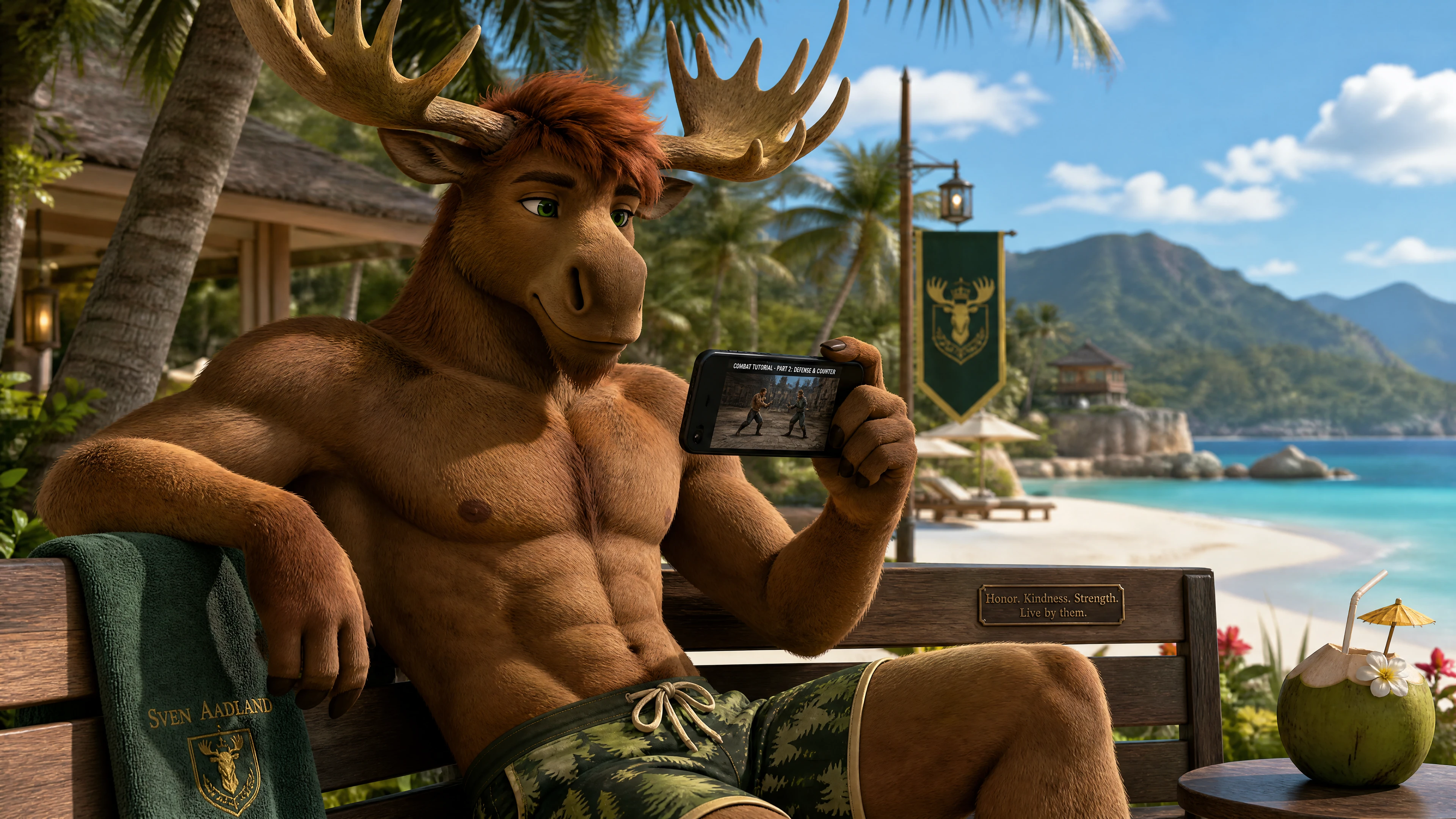 Anthro moose relaxing on a bench at a luxury beach