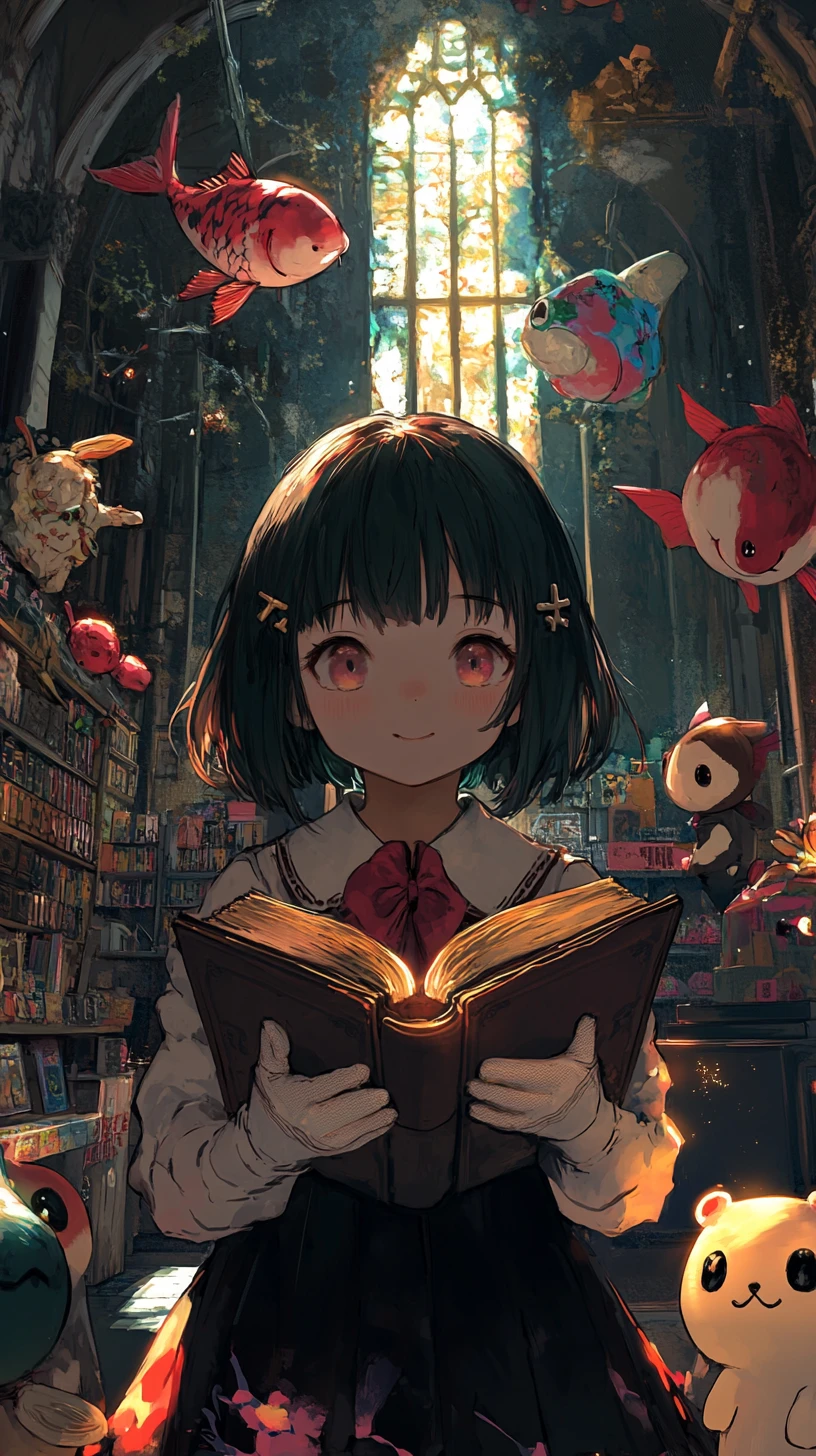 Anime girl holding a demonic book at ruined castle dusk