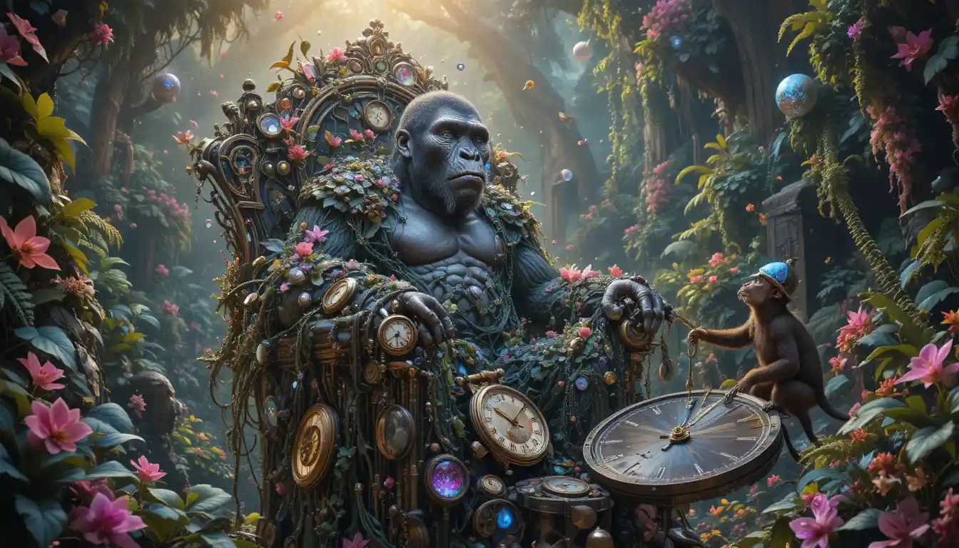 Ancient gorilla on a crystalline throne in surreal jungle