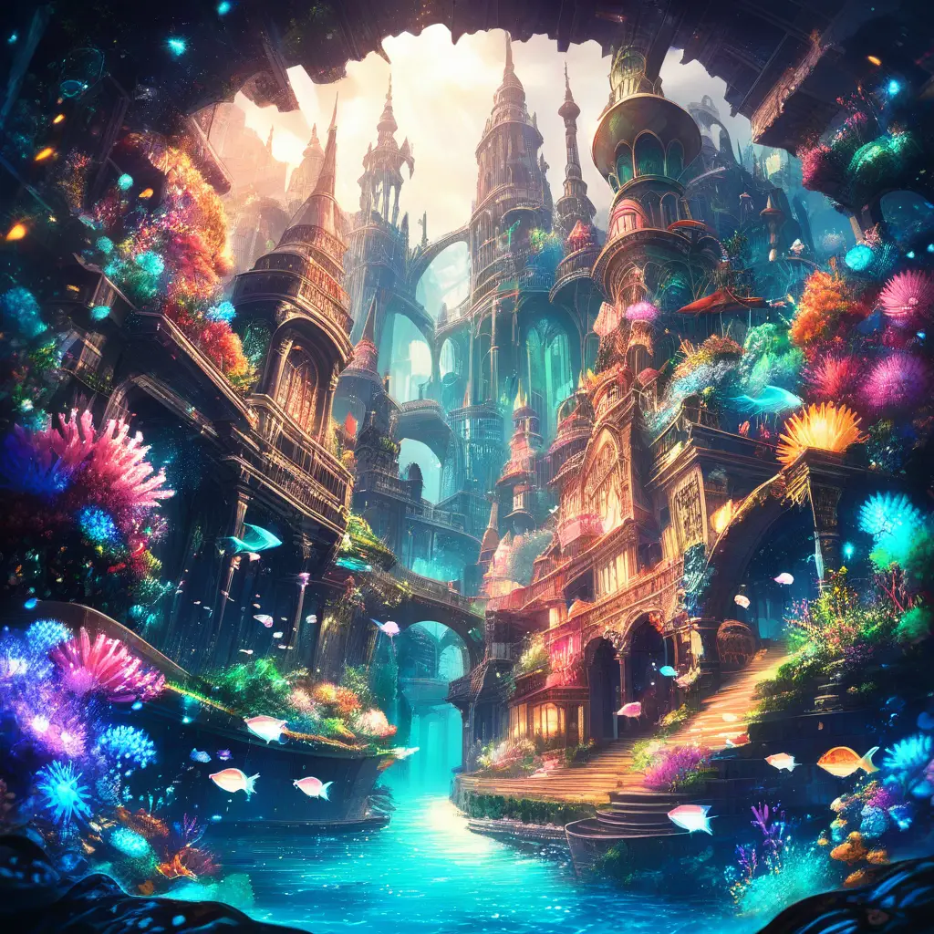 Underwater palace with coral gardens and glowing sea life