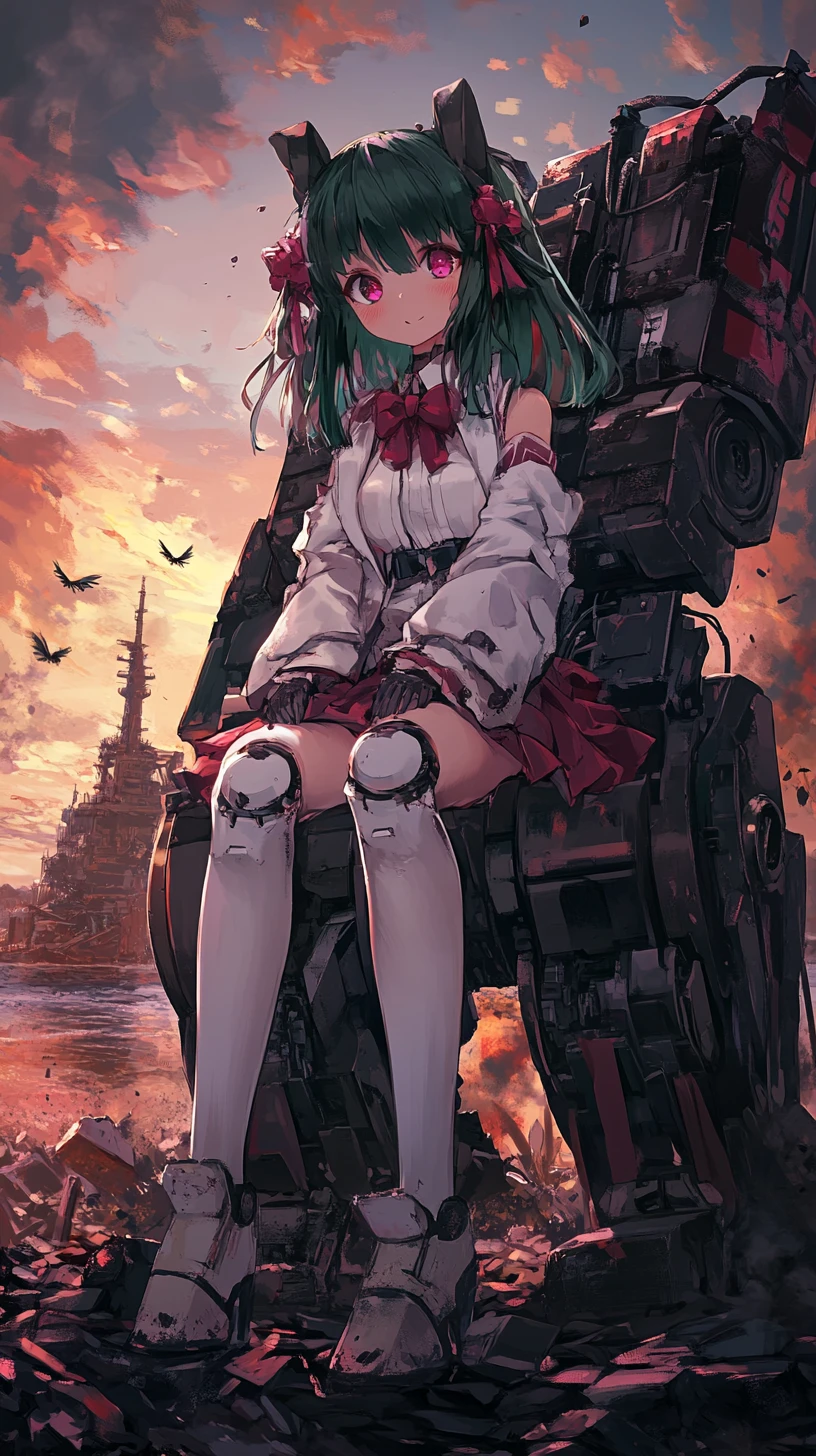 Anime girl with green hair aiming rifle in war zone