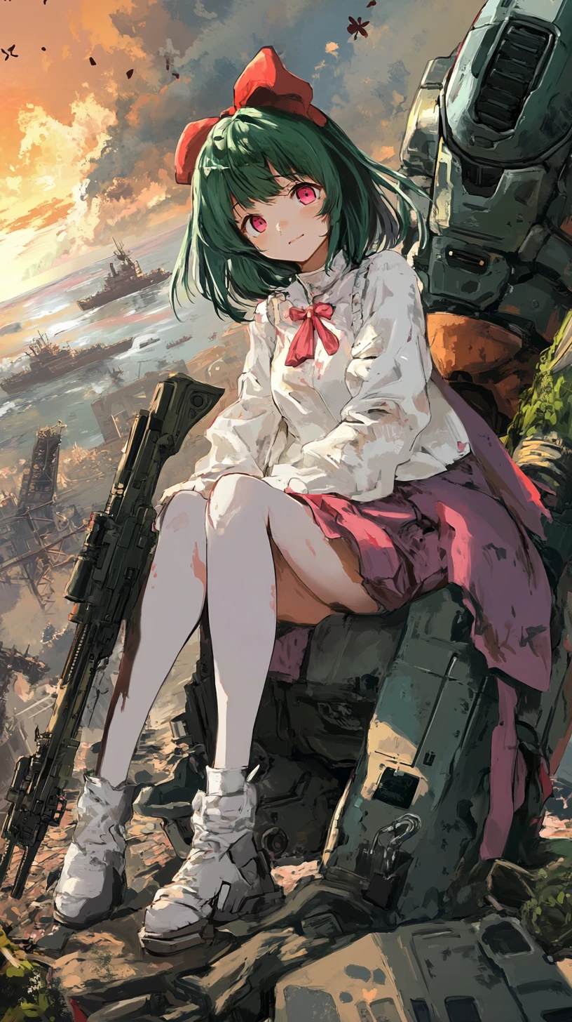 Anime girl with green hair in a floral winter outfit