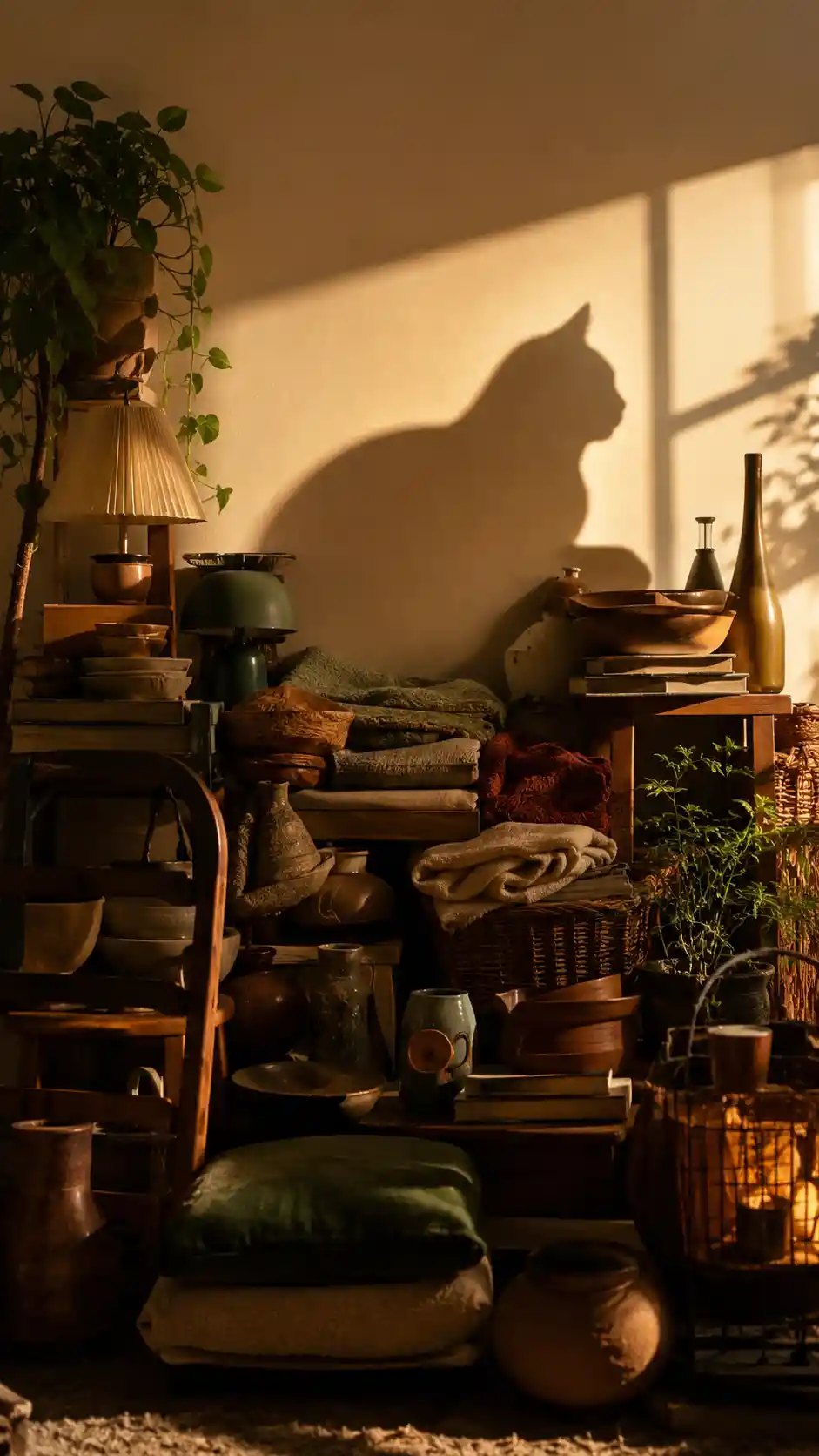 Surreal still life of household objects forming a cat silhouette