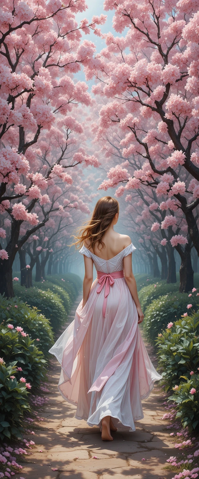 Woman walking alone in a cherry blossom garden painting