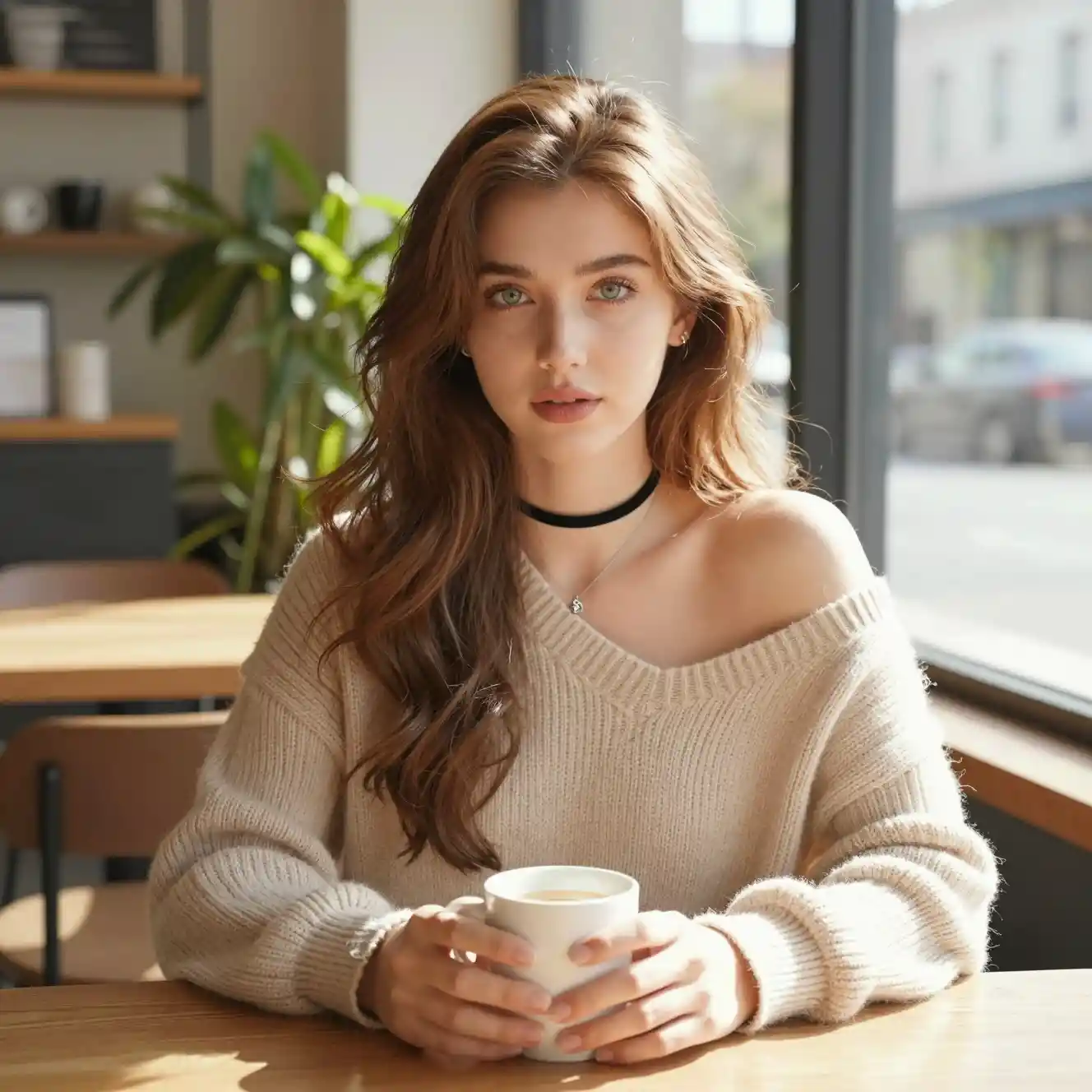 Young woman enjoying coffee in a bright cozy cafe
