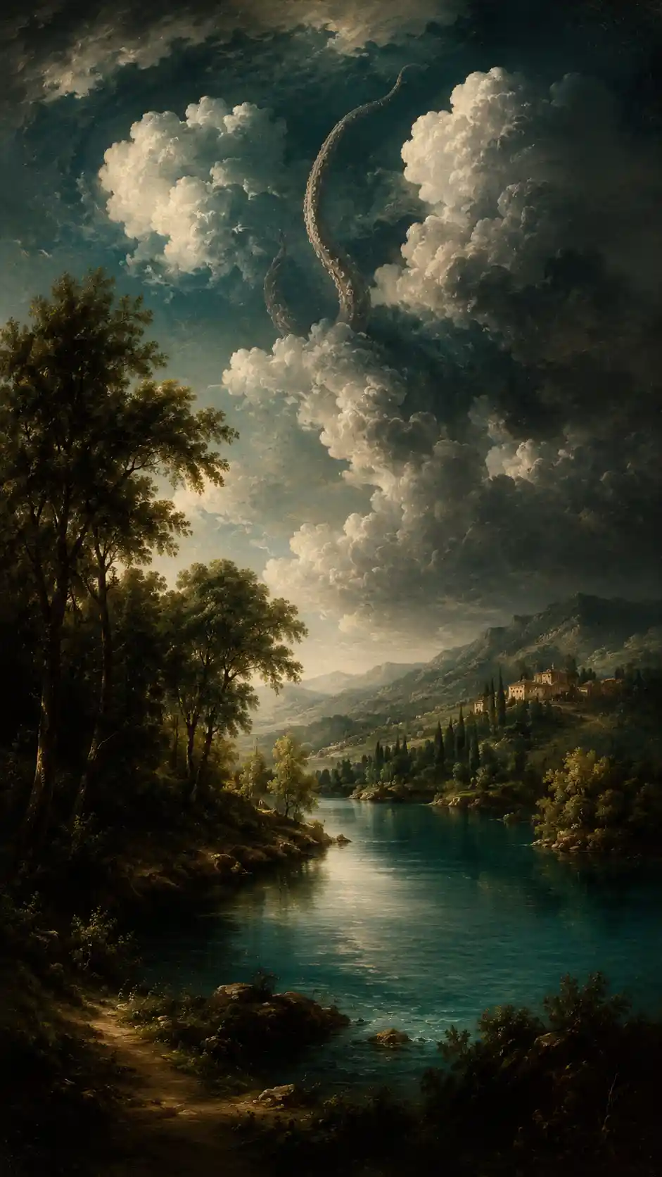 Baroque landscape with teal lake and descending tentacle