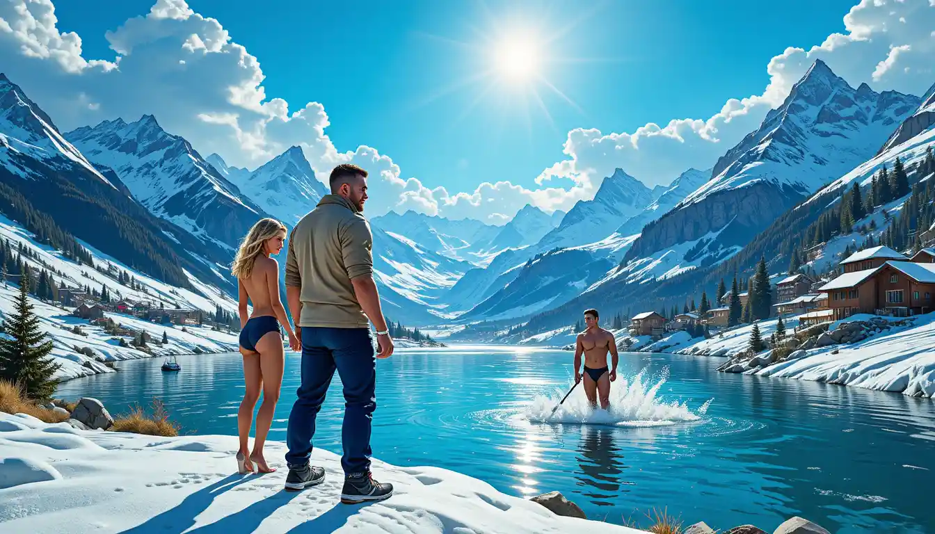 Blonde woman in bikini facing a snowy mountain lake