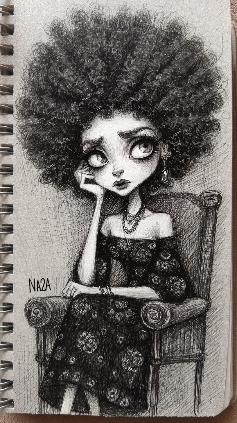 Charcoal caricature of a woman with giant afro hair
