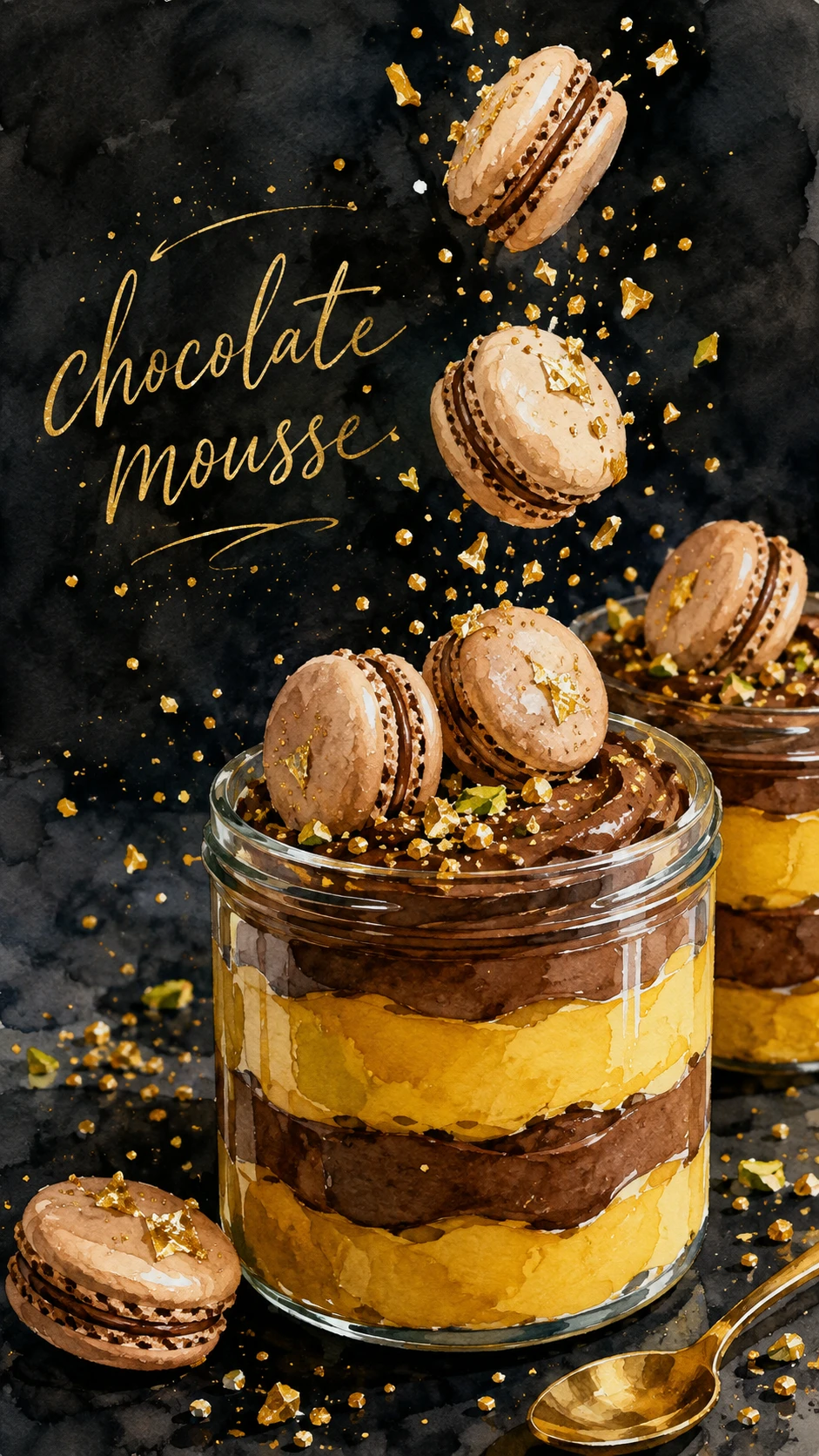 Layered chocolate and vanilla dessert jars with macarons
