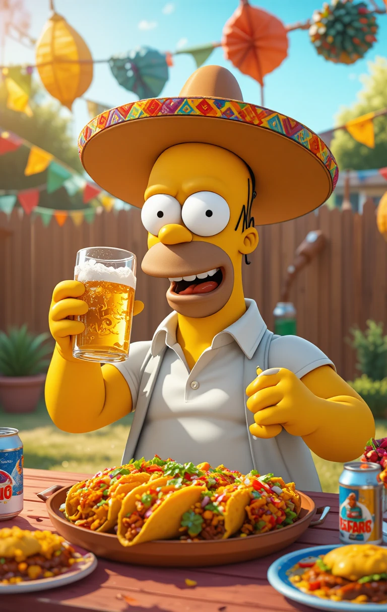Cartoon man enjoying tacos and beer in sunny backyard