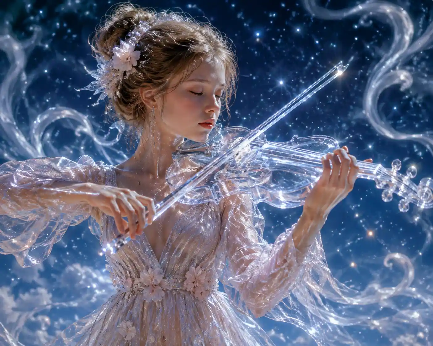 Young girl playing a shimmering glass violin at night
