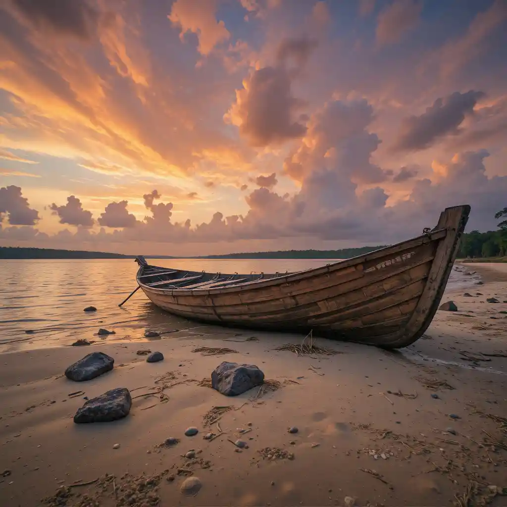 Abandoned Wooden Boat On Orinoco River At Sunset