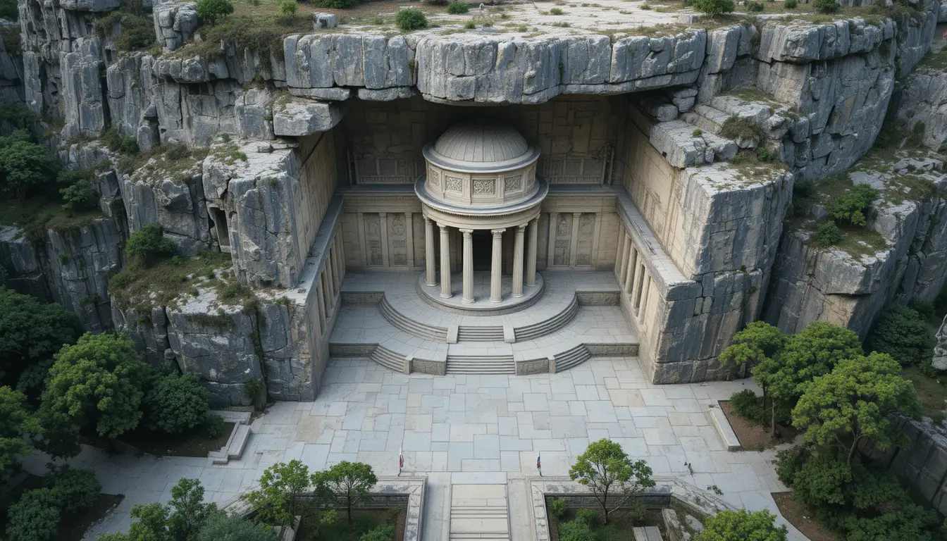 Ancient rock cut monument carved into a towering cliff face