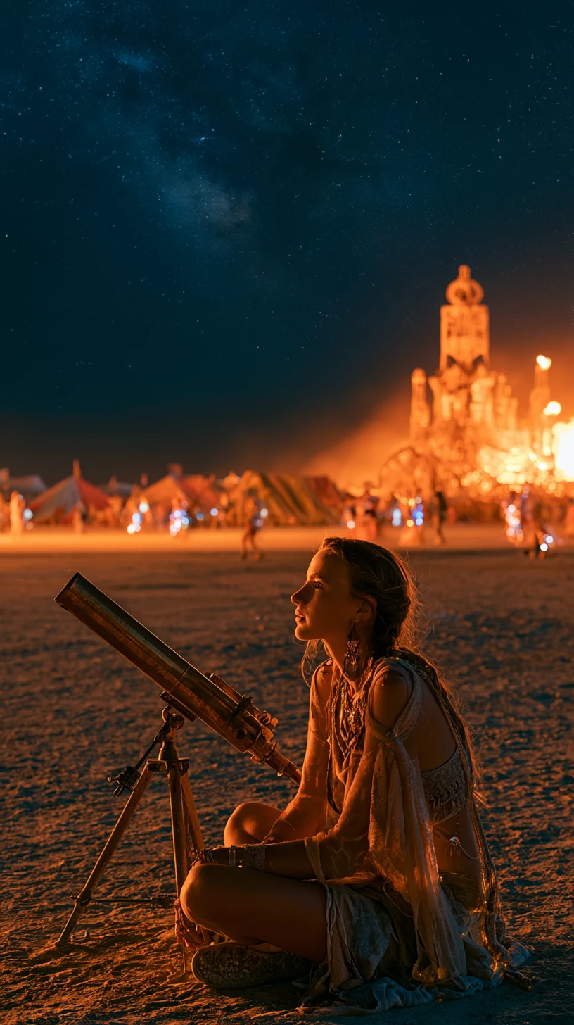 Woman stargazing with telescope at desert night festival