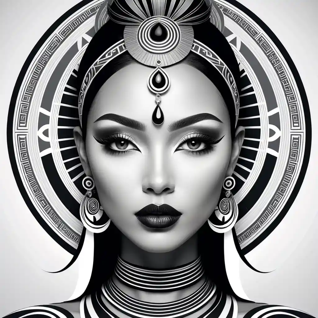 Stylized monochrome portrait of a woman with ornate hair