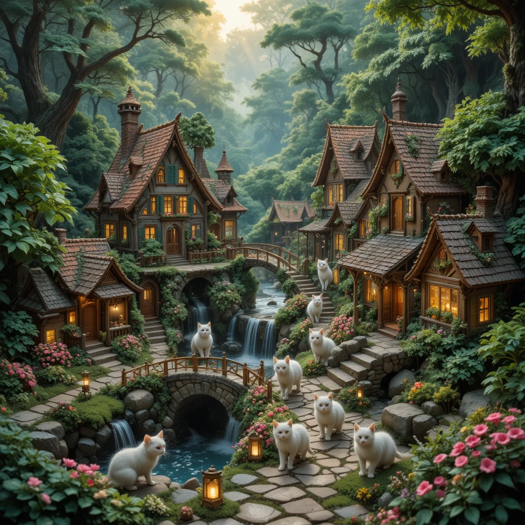 Miniature forest village with cats and glowing lanterns