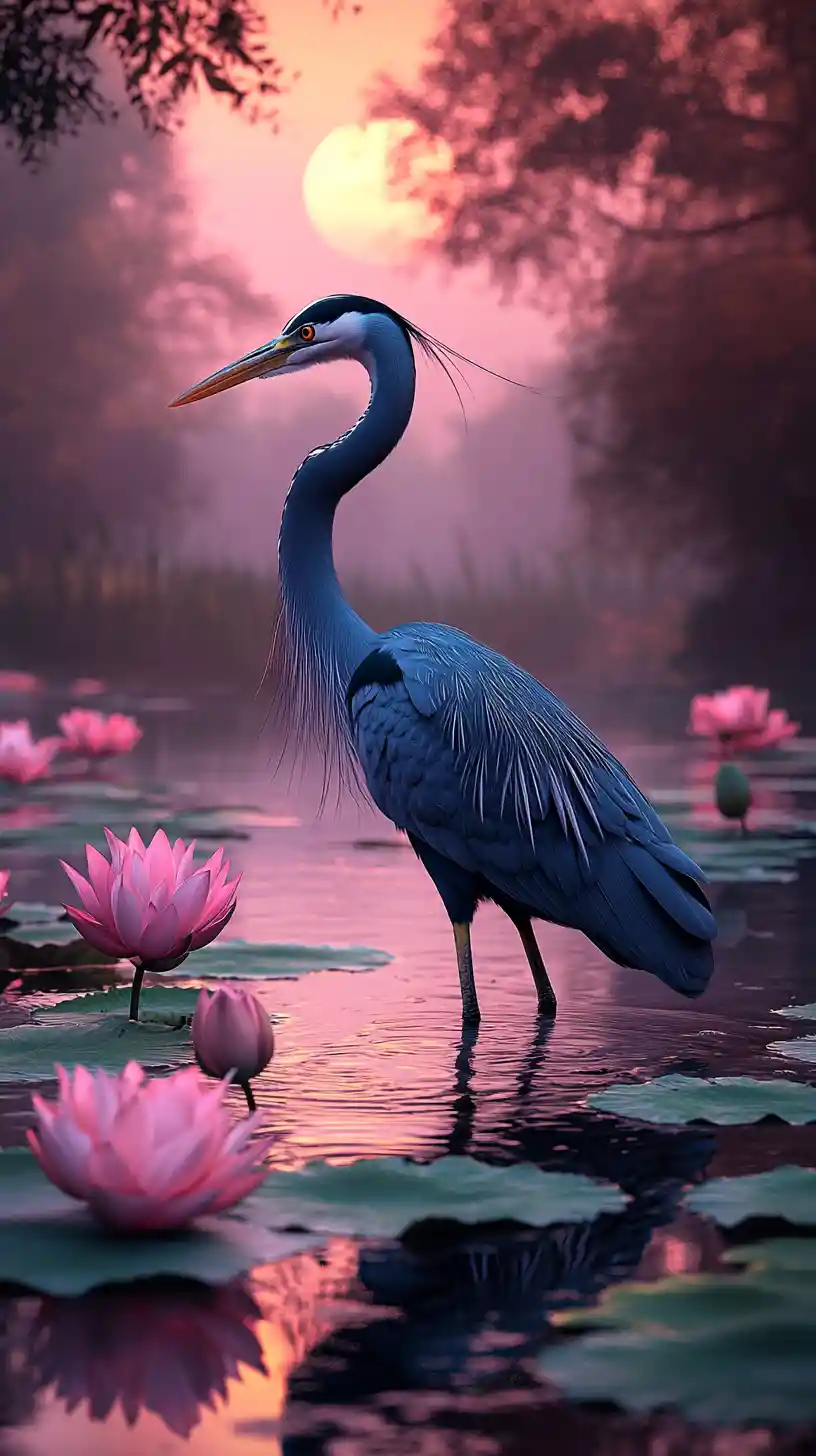 Blue heron among lotus flowers in still dusk water