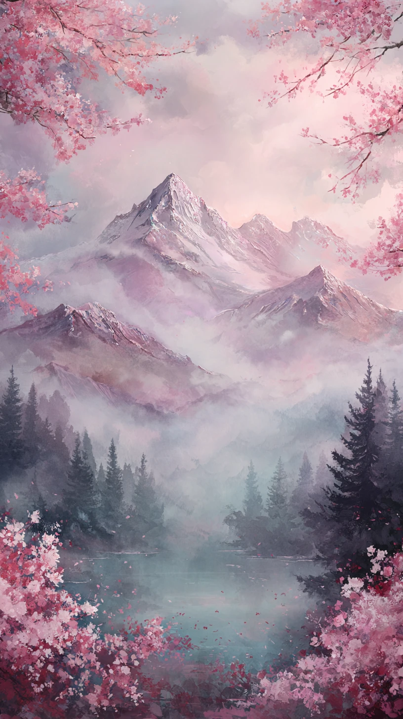 Dreamy Mountain Lake With Blossoms And Misty Peaks