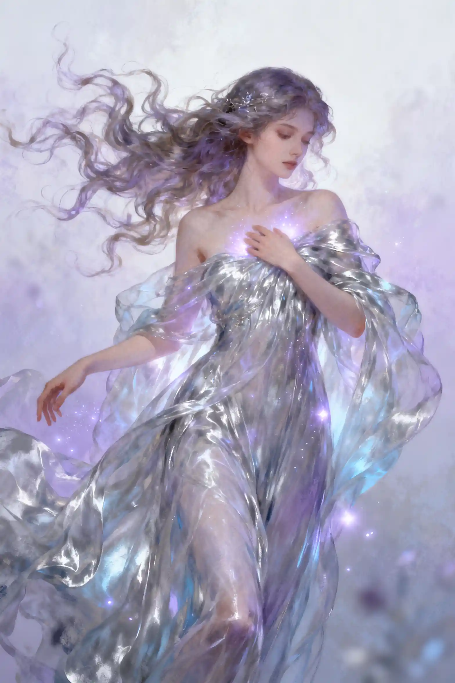 Ethereal woman in a flowing gown with mystical aura