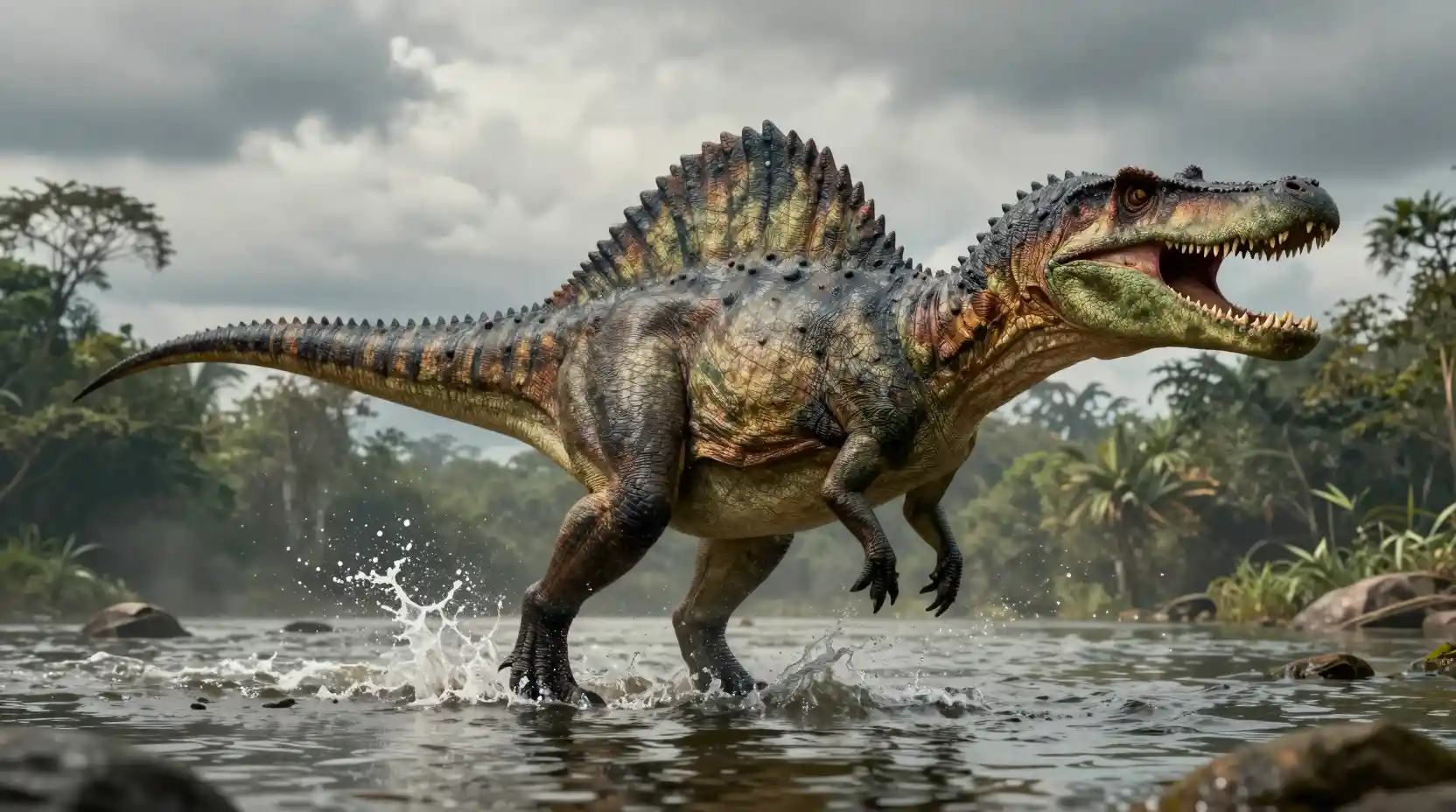 Roaring Spinosaurus Striding Through A Jungle River