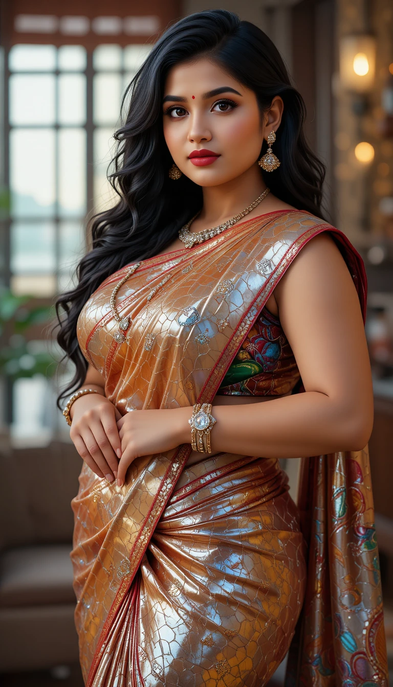 Tamil woman in glossy mirror saree bending at the waist